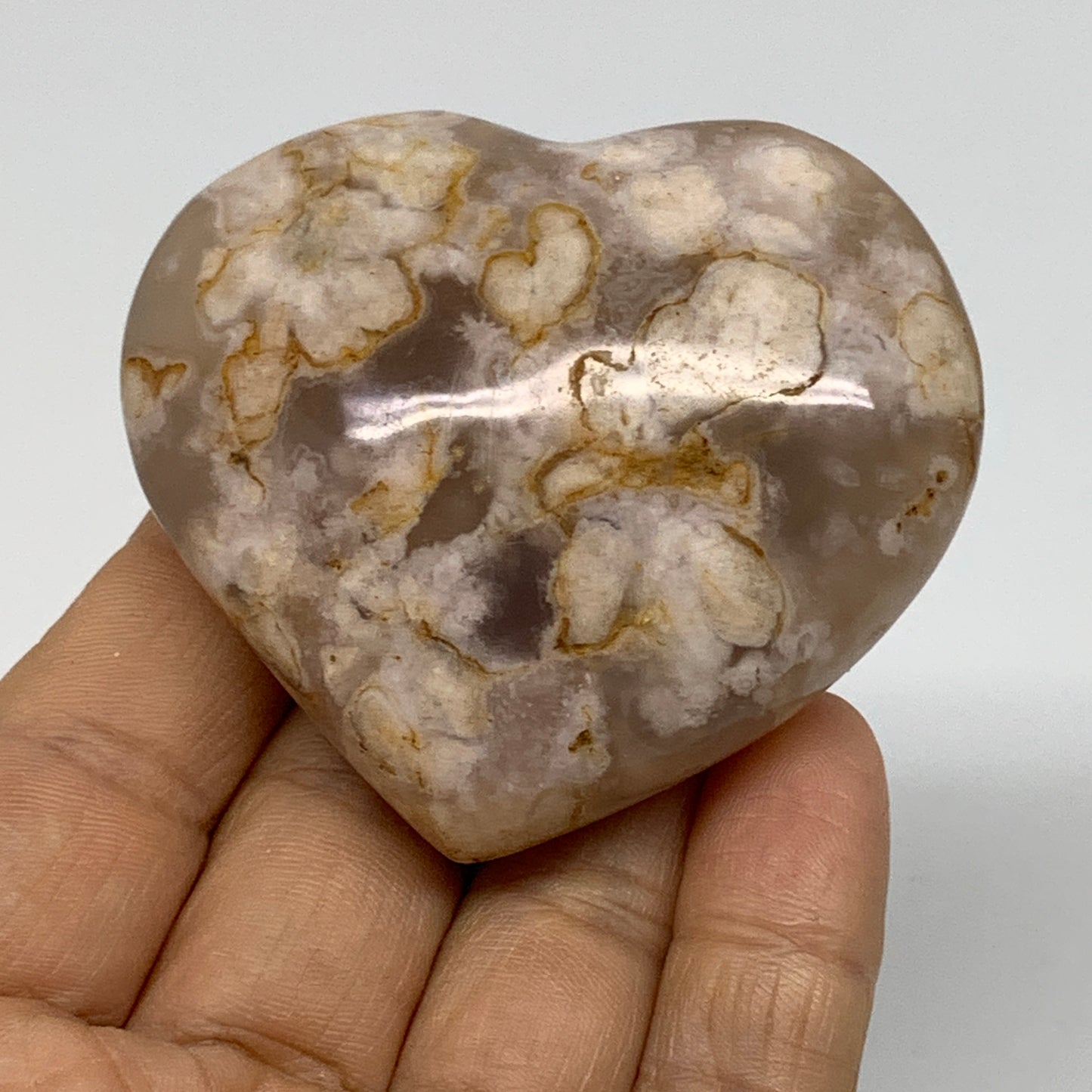 0.25 lbs, 2.1"x2.4"x1", Cherry Blossom Flower Agate Heart Crystal, B37160