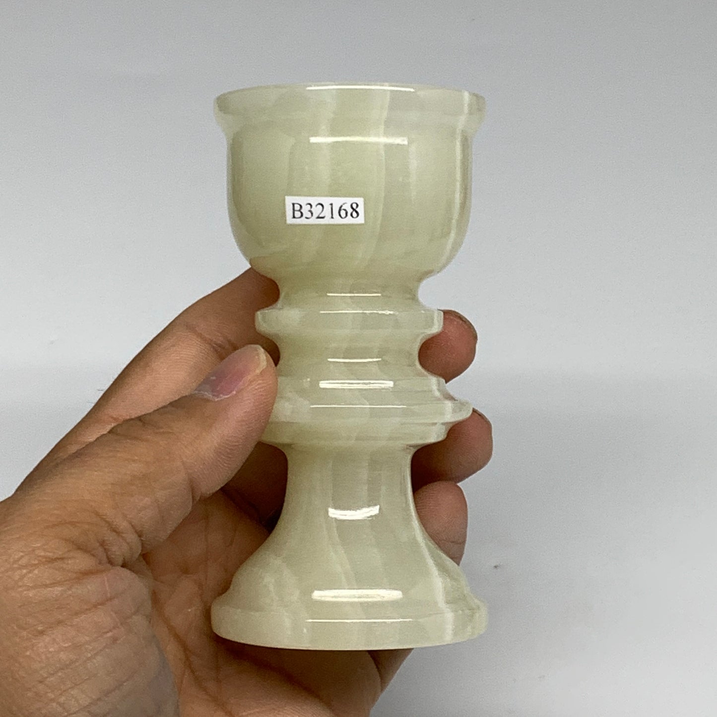 249.9g, 3.8"x1.9", Natural Green Onyx Candle Holder Gemstone Hand Carved, B32168