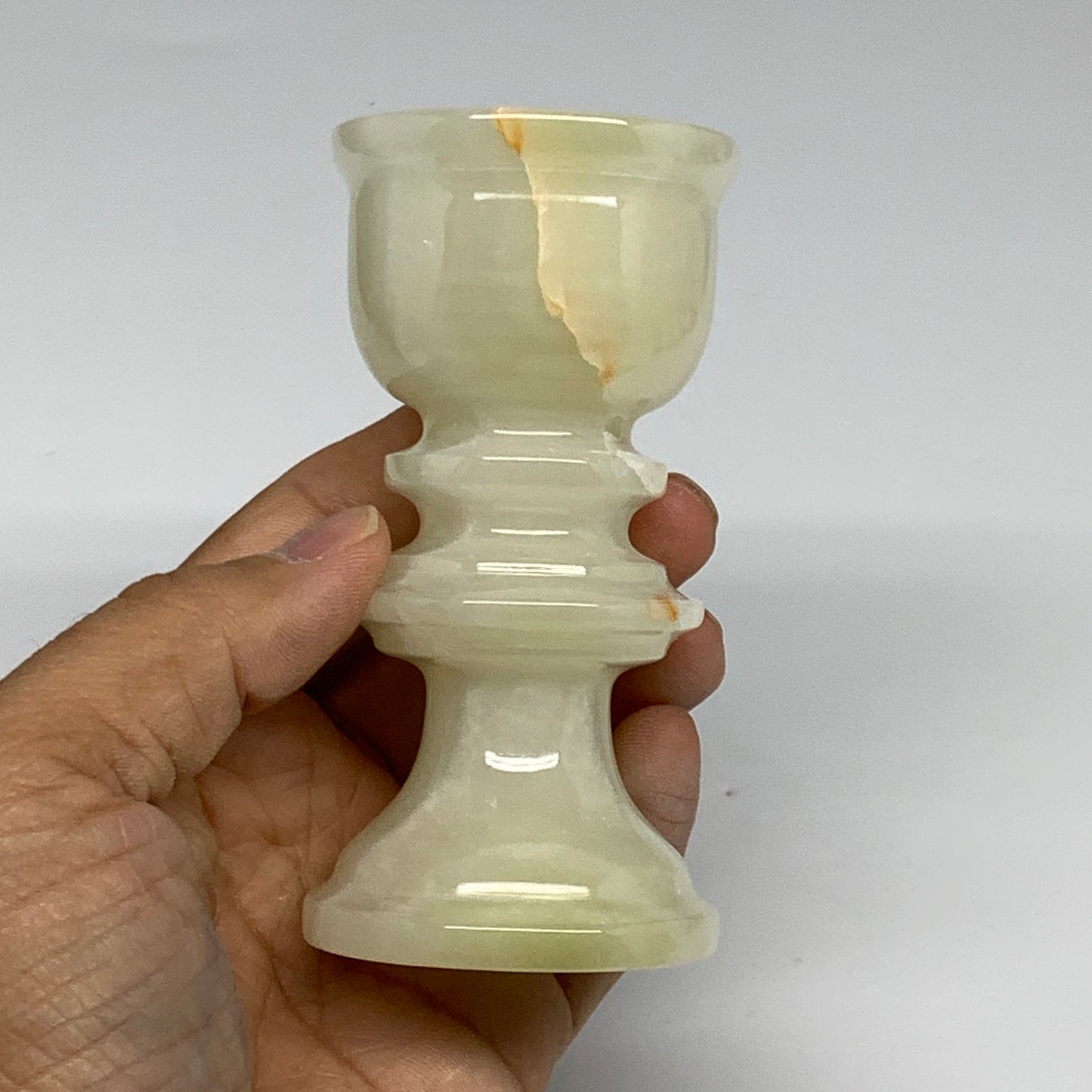 249.9g, 3.8"x1.9", Natural Green Onyx Candle Holder Gemstone Hand Carved, B32168