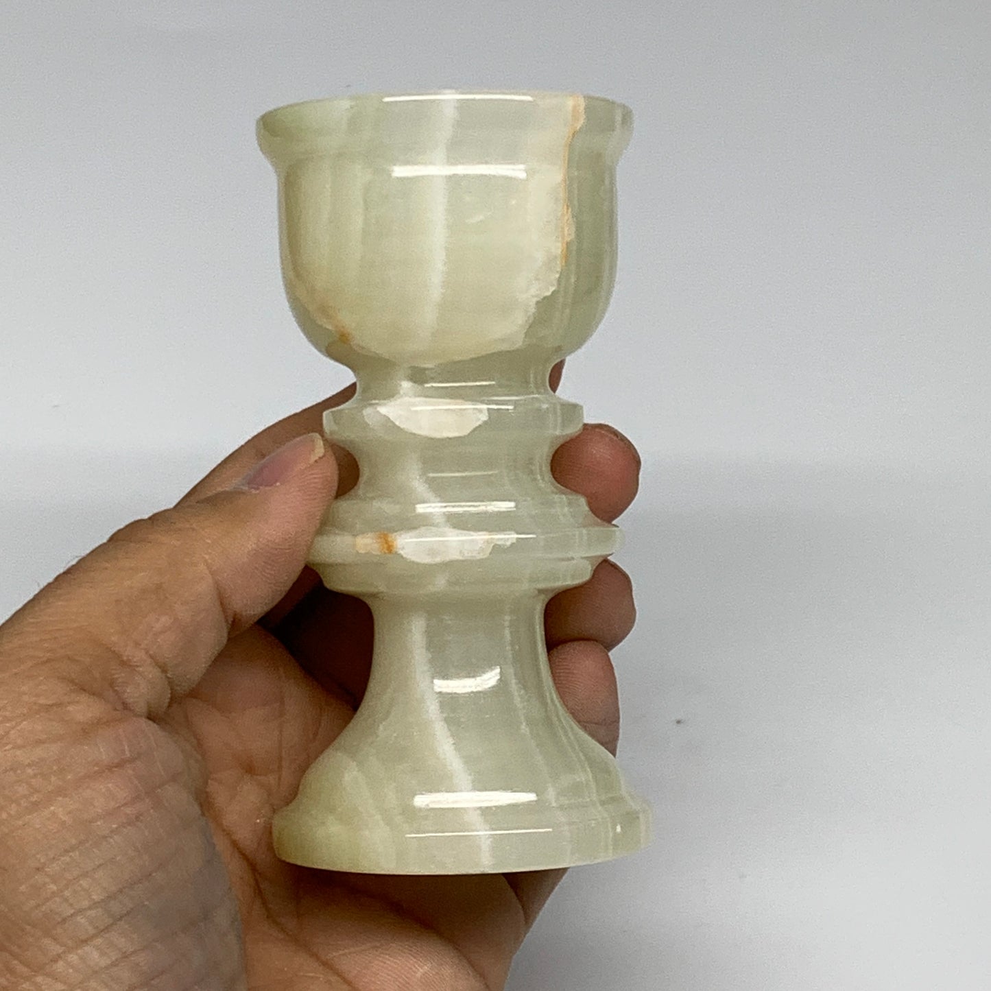 249.9g, 3.8"x1.9", Natural Green Onyx Candle Holder Gemstone Hand Carved, B32168