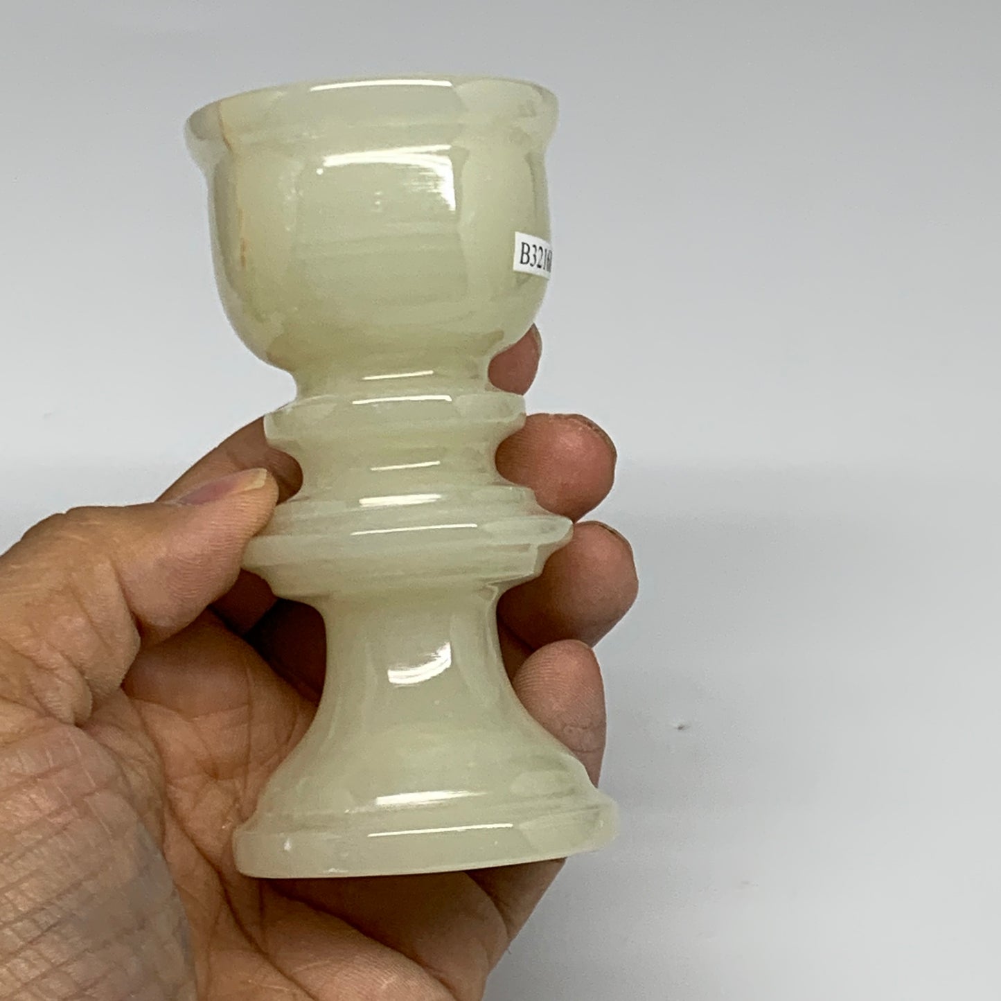 249.9g, 3.8"x1.9", Natural Green Onyx Candle Holder Gemstone Hand Carved, B32168