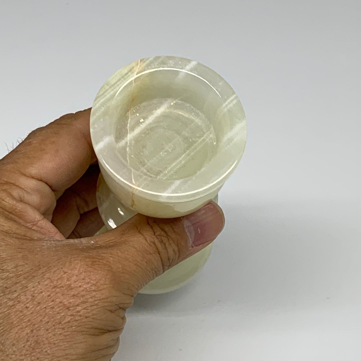 249.9g, 3.8"x1.9", Natural Green Onyx Candle Holder Gemstone Hand Carved, B32168