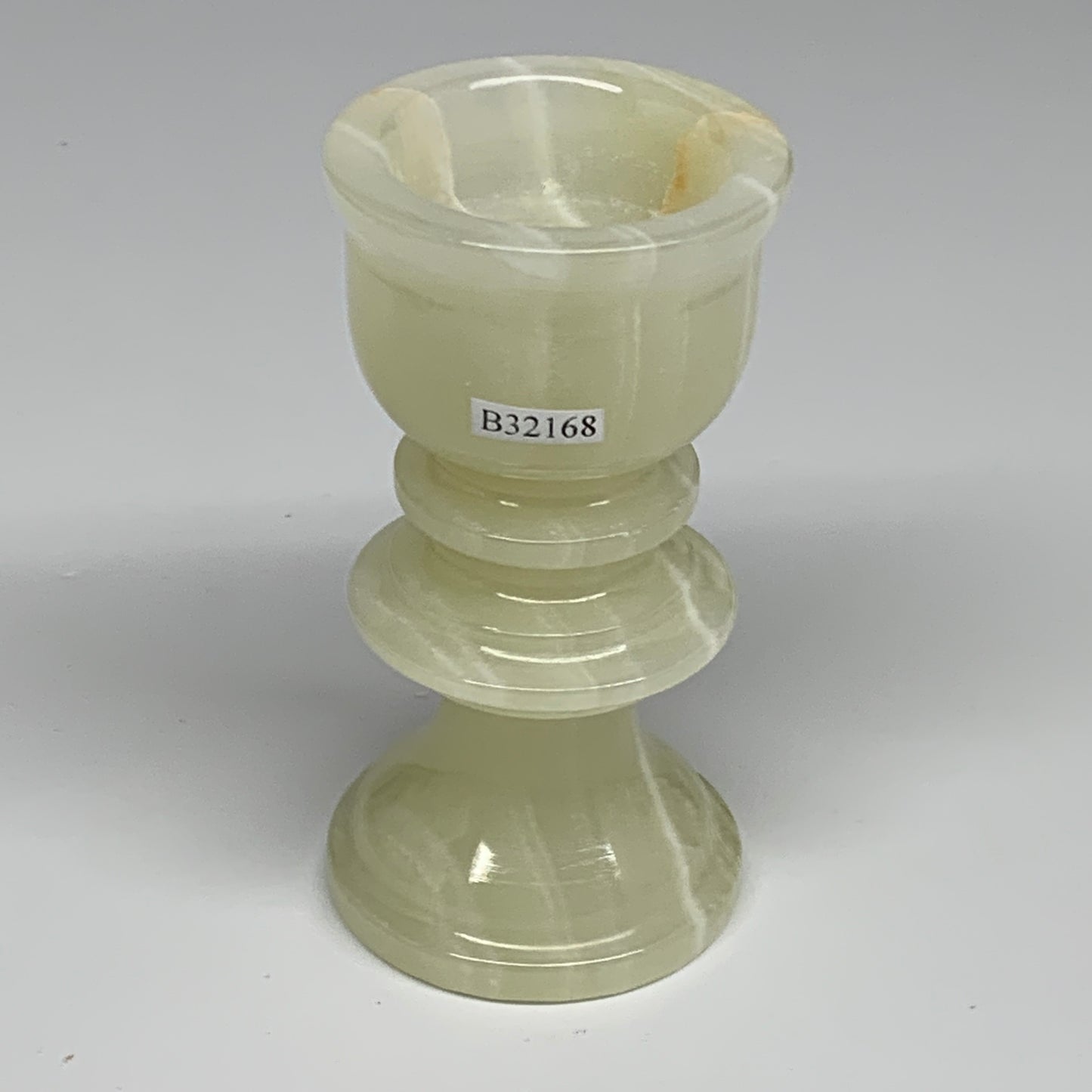 249.9g, 3.8"x1.9", Natural Green Onyx Candle Holder Gemstone Hand Carved, B32168