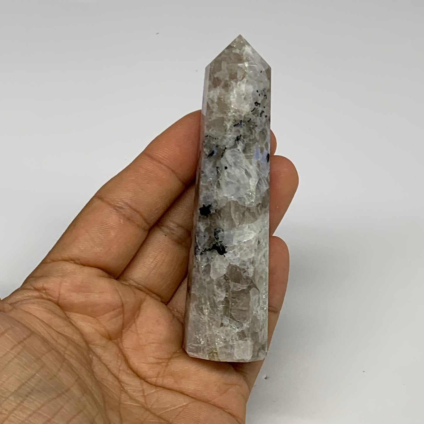 92.5g, 3.8"x1", Rainbow Moonstone Tower Obelisk Point Crystal @India, B29258