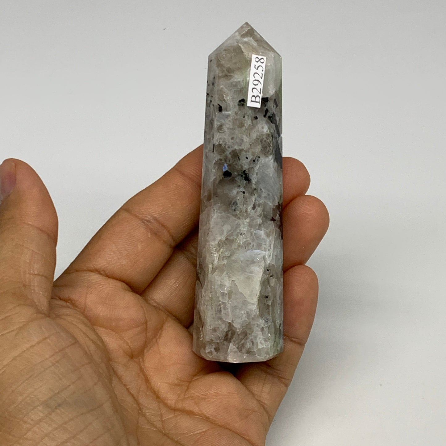 92.5g, 3.8"x1", Rainbow Moonstone Tower Obelisk Point Crystal @India, B29258