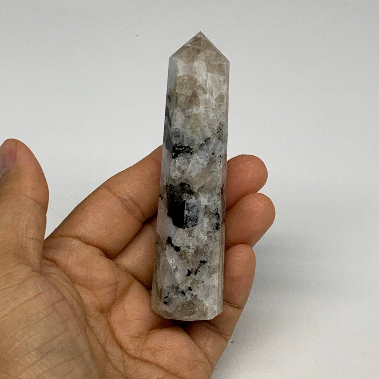 92.5g, 3.8"x1", Rainbow Moonstone Tower Obelisk Point Crystal @India, B29258