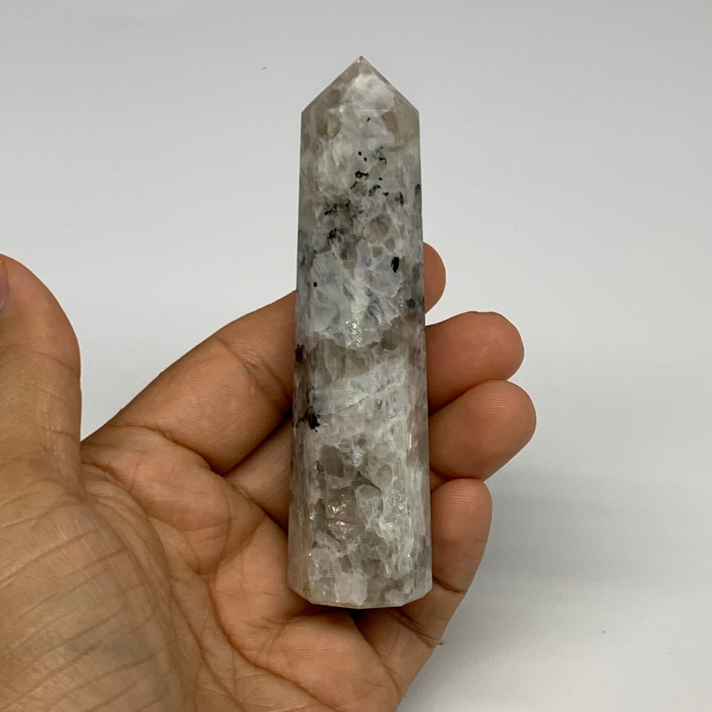 92.5g, 3.8"x1", Rainbow Moonstone Tower Obelisk Point Crystal @India, B29258