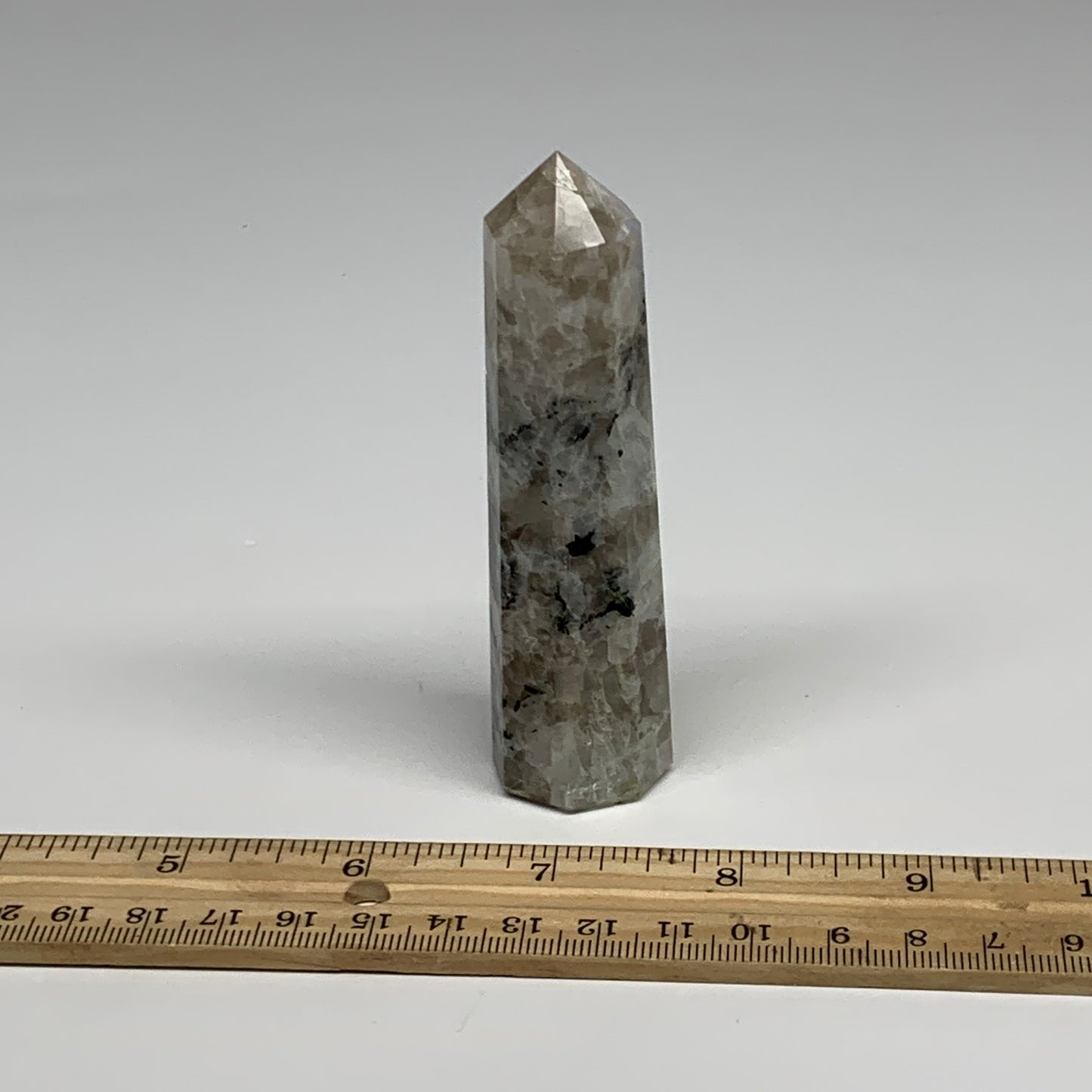 92.5g, 3.8"x1", Rainbow Moonstone Tower Obelisk Point Crystal @India, B29258