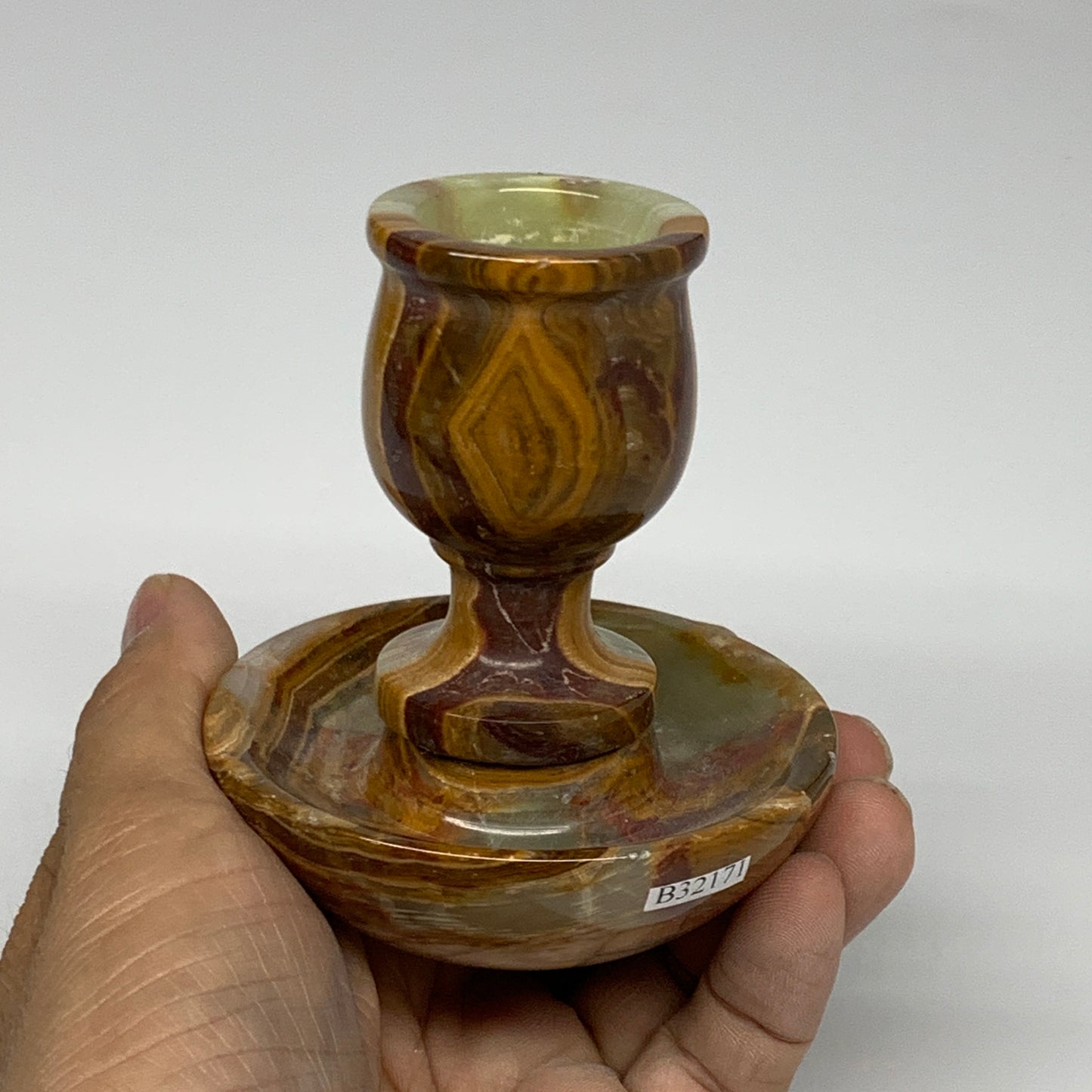 275g, 3.2"x1.5"x2.9", Natural Green Onyx Candle Holder Gemstone Hand Carved, B32