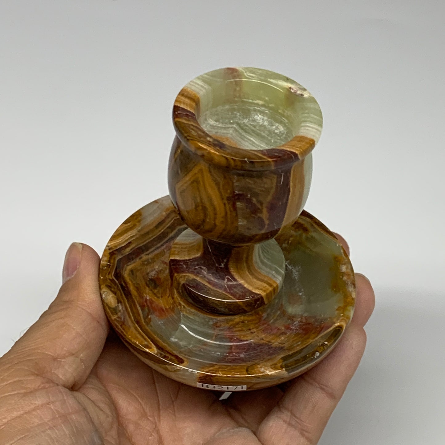 275g, 3.2"x1.5"x2.9", Natural Green Onyx Candle Holder Gemstone Hand Carved, B32