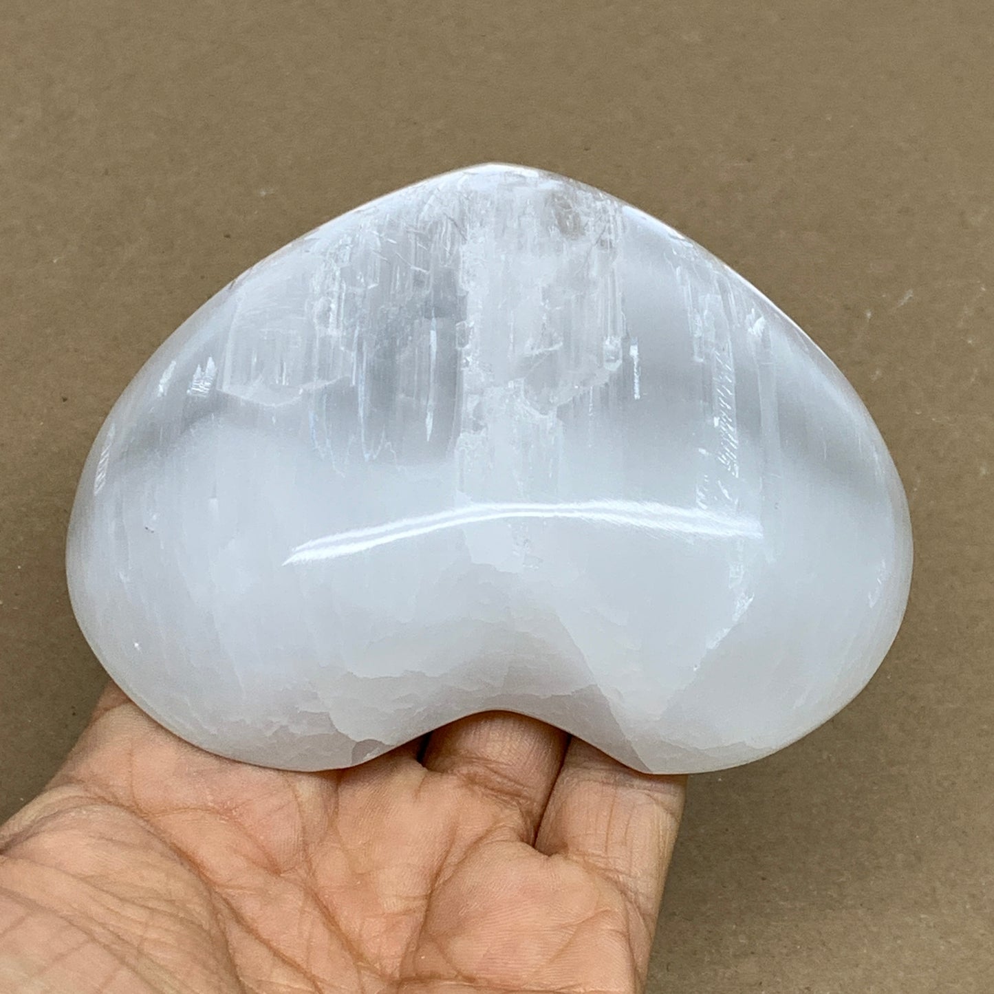 0.83 lbs, 4"x4.2"x1.2", Selenite Half Puffy Heart Crystals, Satin Spar, B36258