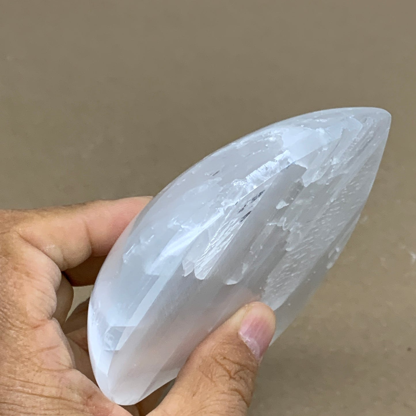 0.83 lbs, 4"x4.2"x1.2", Selenite Half Puffy Heart Crystals, Satin Spar, B36258