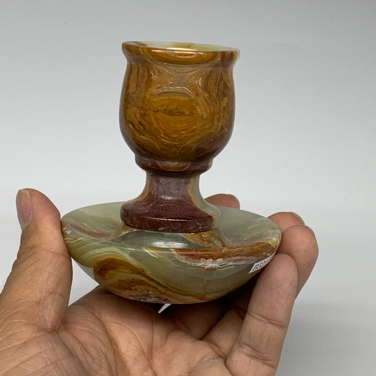 273g, 3.1"x1.5"x2.9", Natural Green Onyx Candle Holder Gemstone Hand, B32171