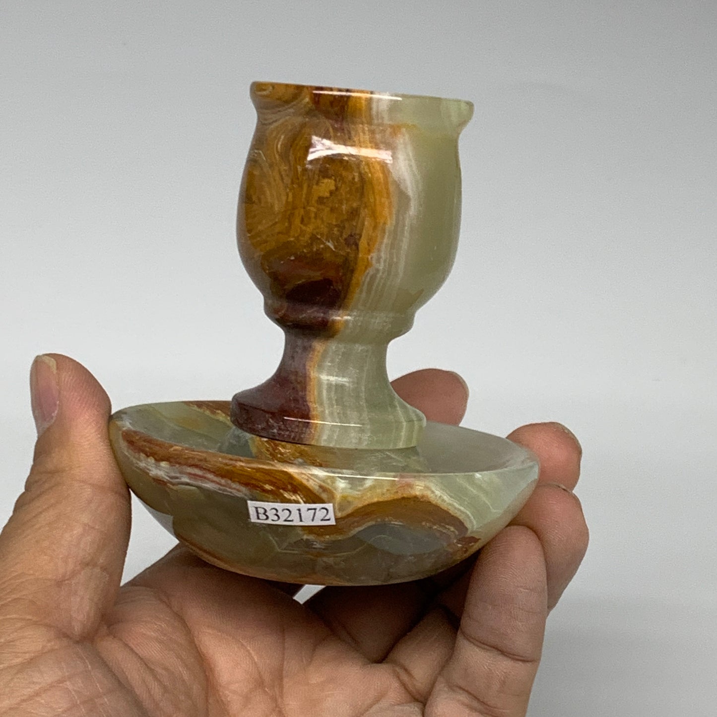 273g, 3.1"x1.5"x2.9", Natural Green Onyx Candle Holder Gemstone Hand, B32171