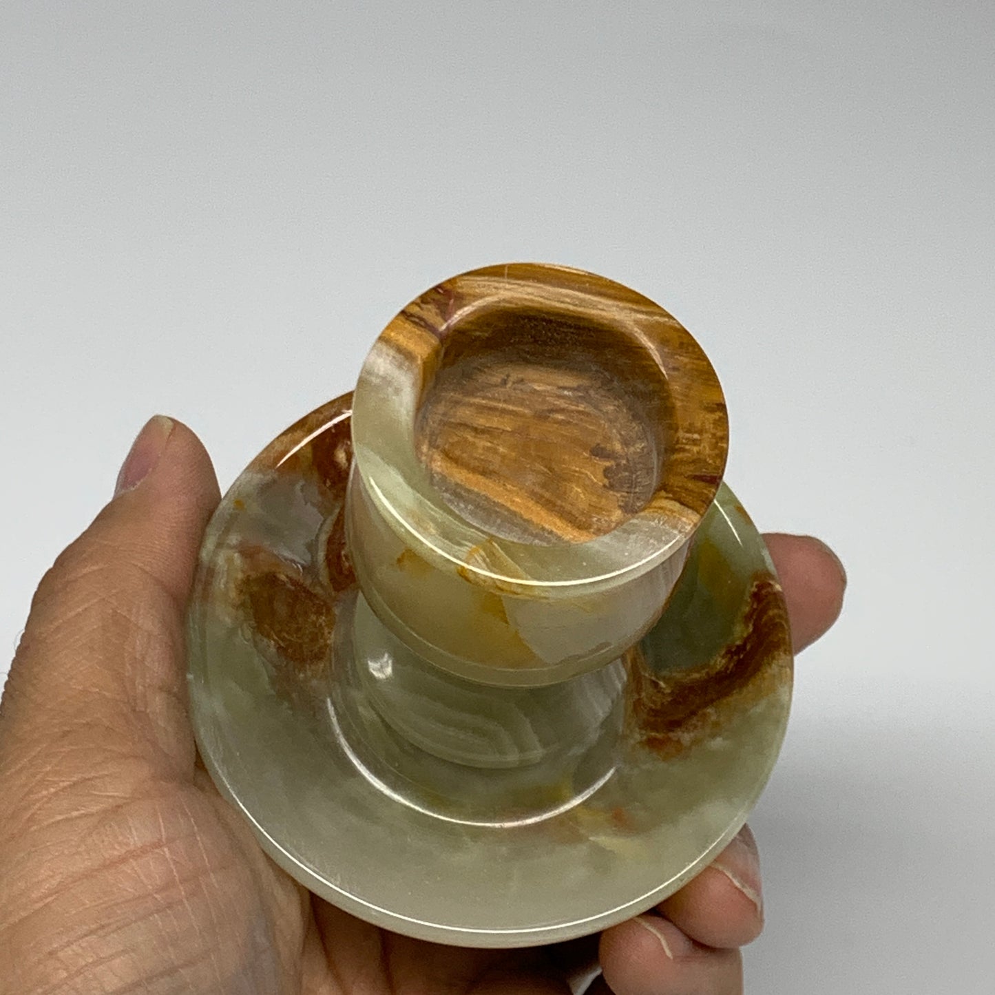 273g, 3.1"x1.5"x2.9", Natural Green Onyx Candle Holder Gemstone Hand, B32171