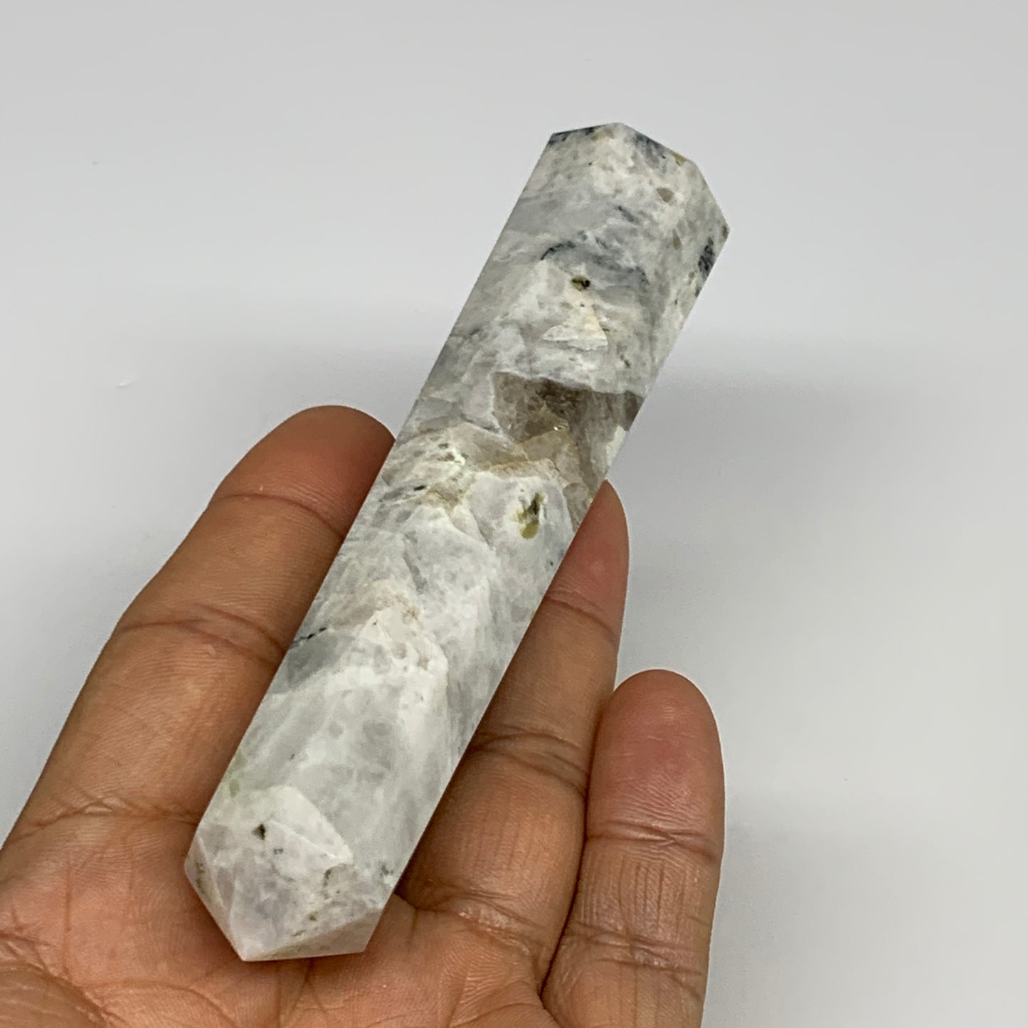 109.6g, 4.6"x0.9", Rainbow Moonstone Tower Obelisk Point Crystal @India, B29254