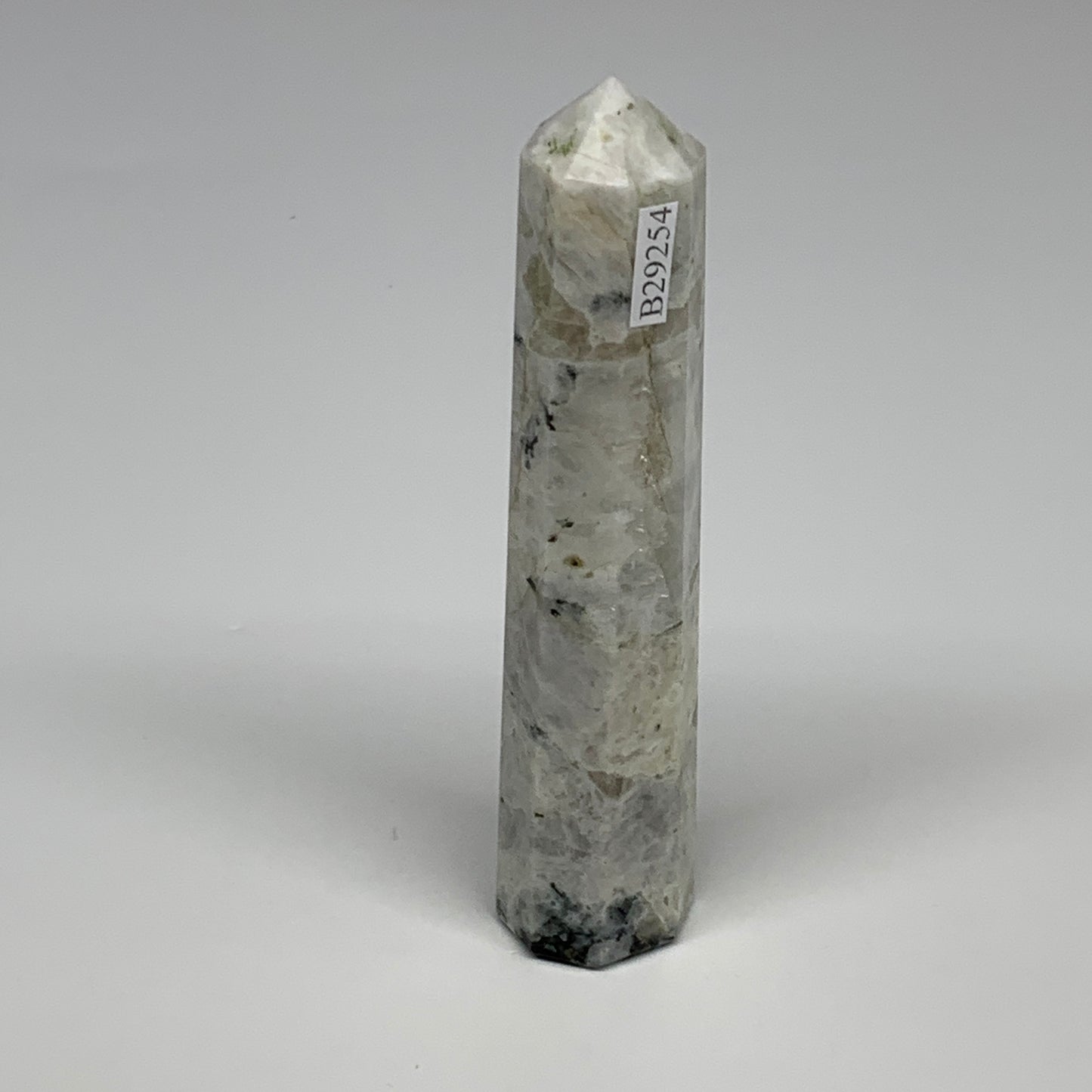 109.6g, 4.6"x0.9", Rainbow Moonstone Tower Obelisk Point Crystal @India, B29254