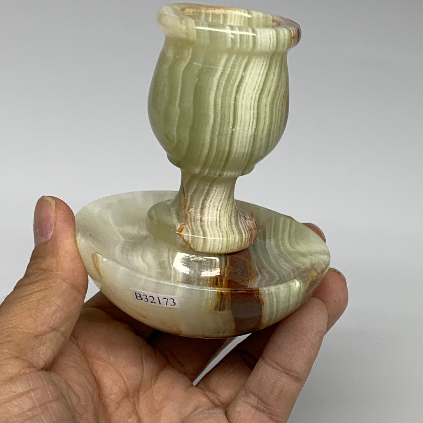 279g, 3.3"x1.5"x2.9", Natural Green Onyx Candle Holder Gemstone Hand Carved, B32