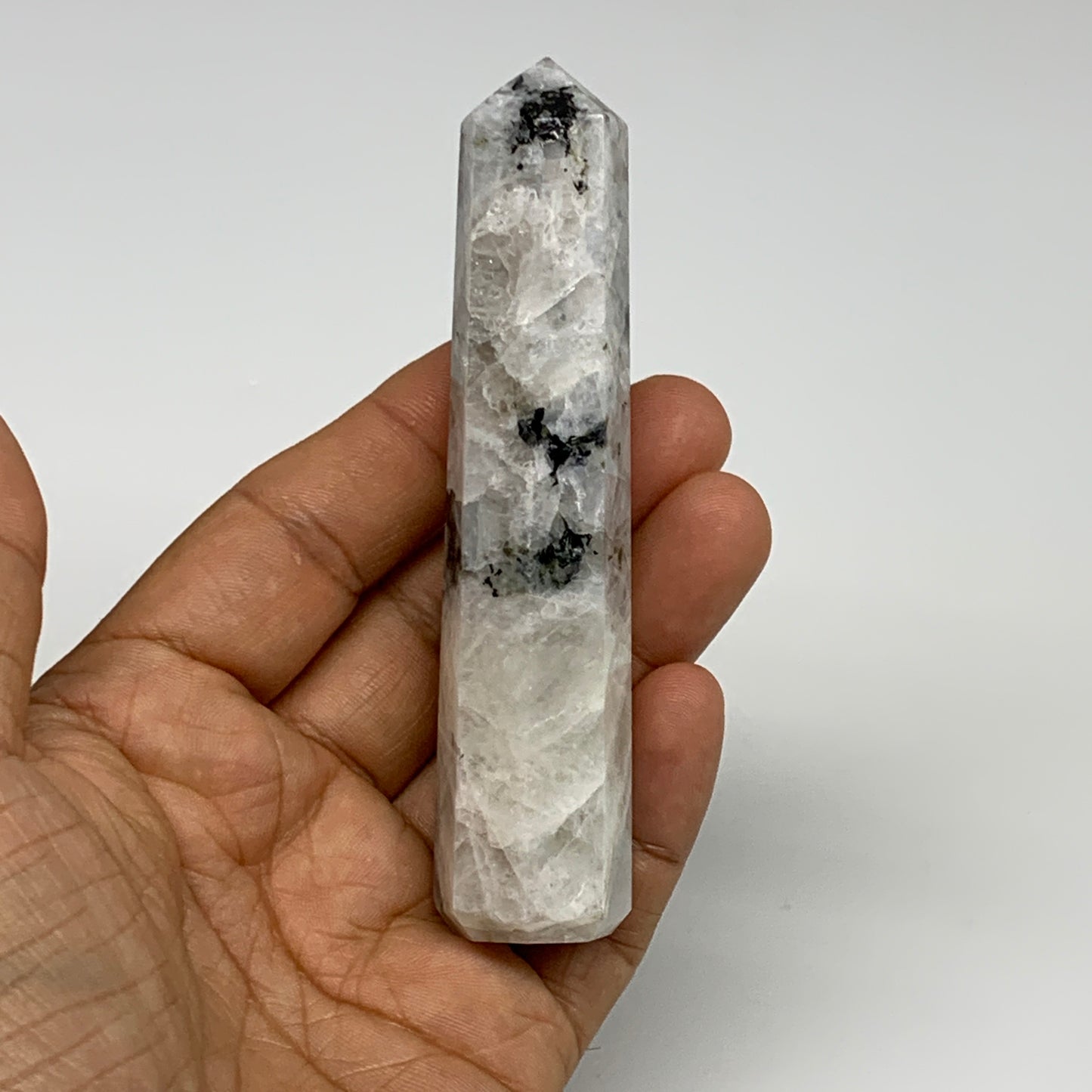 88.2g, 4"x0.8", Rainbow Moonstone Tower Obelisk Point Crystal @India, B29252