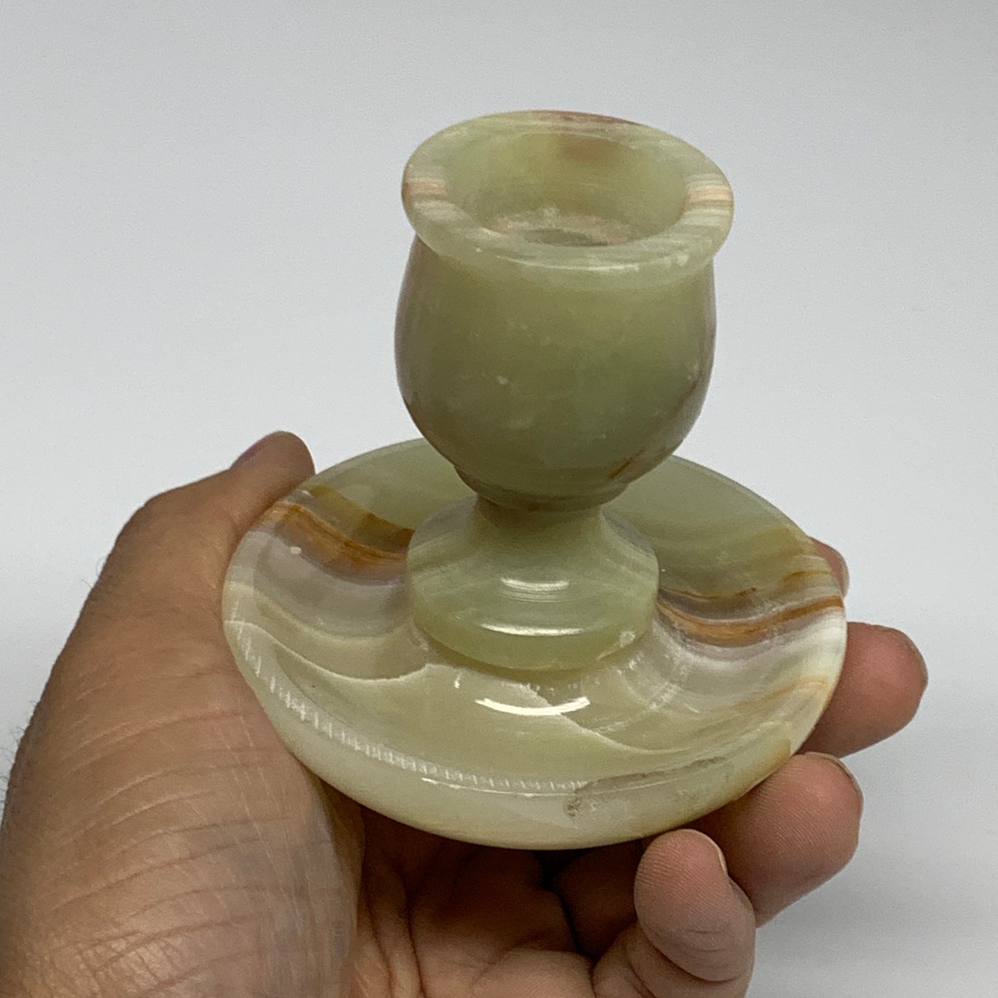 245g, 3"x1.4"x3", Natural Green Onyx Candle Holder Gemstone Hand Carved, B32174