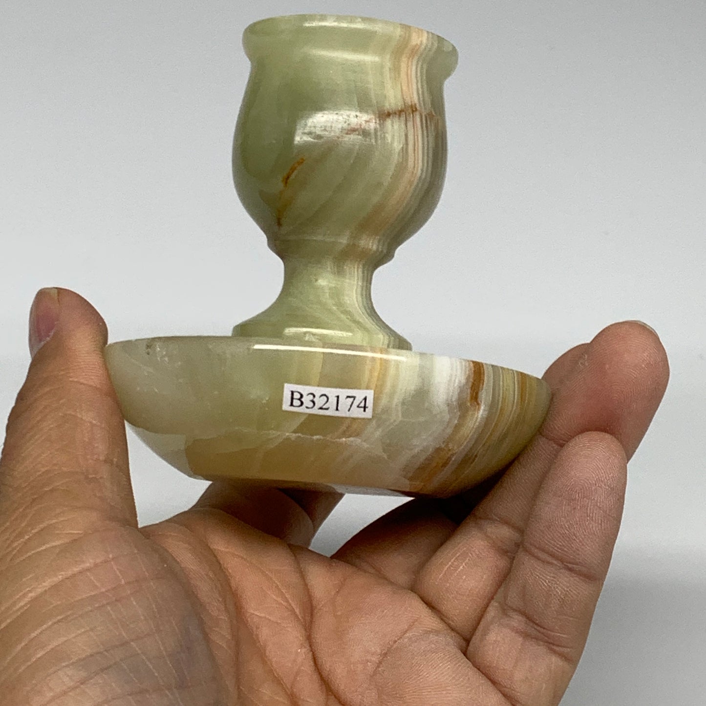 245g, 3"x1.4"x3", Natural Green Onyx Candle Holder Gemstone Hand Carved, B32174