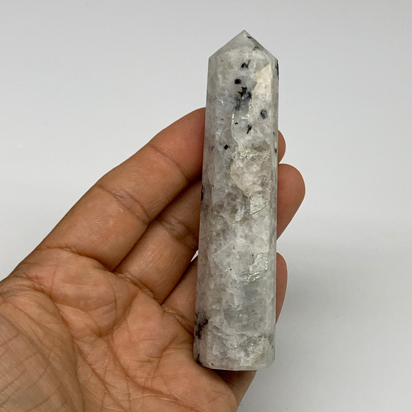 83.7g, 3.8"x0.9", Rainbow Moonstone Tower Obelisk Point Crystal @India, B29251