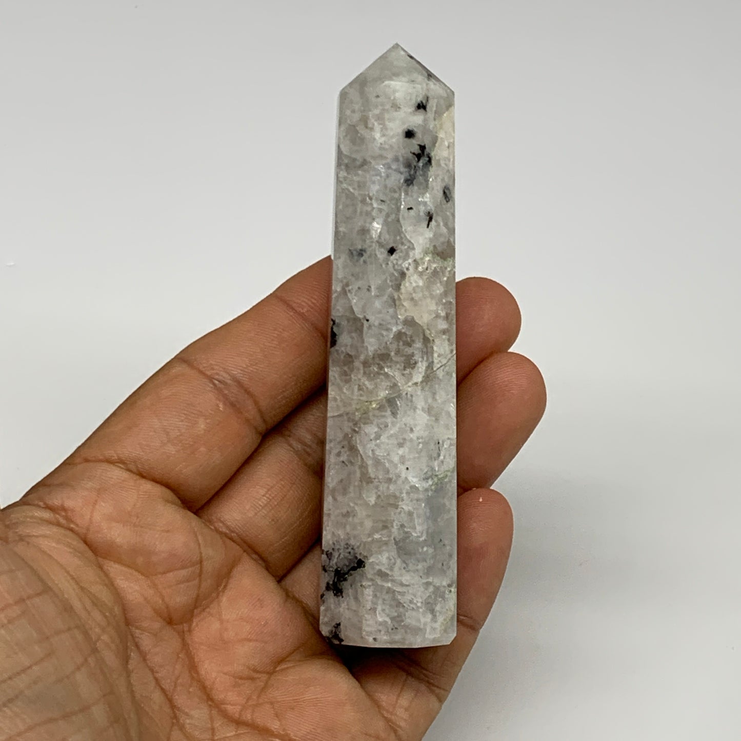 83.7g, 3.8"x0.9", Rainbow Moonstone Tower Obelisk Point Crystal @India, B29251