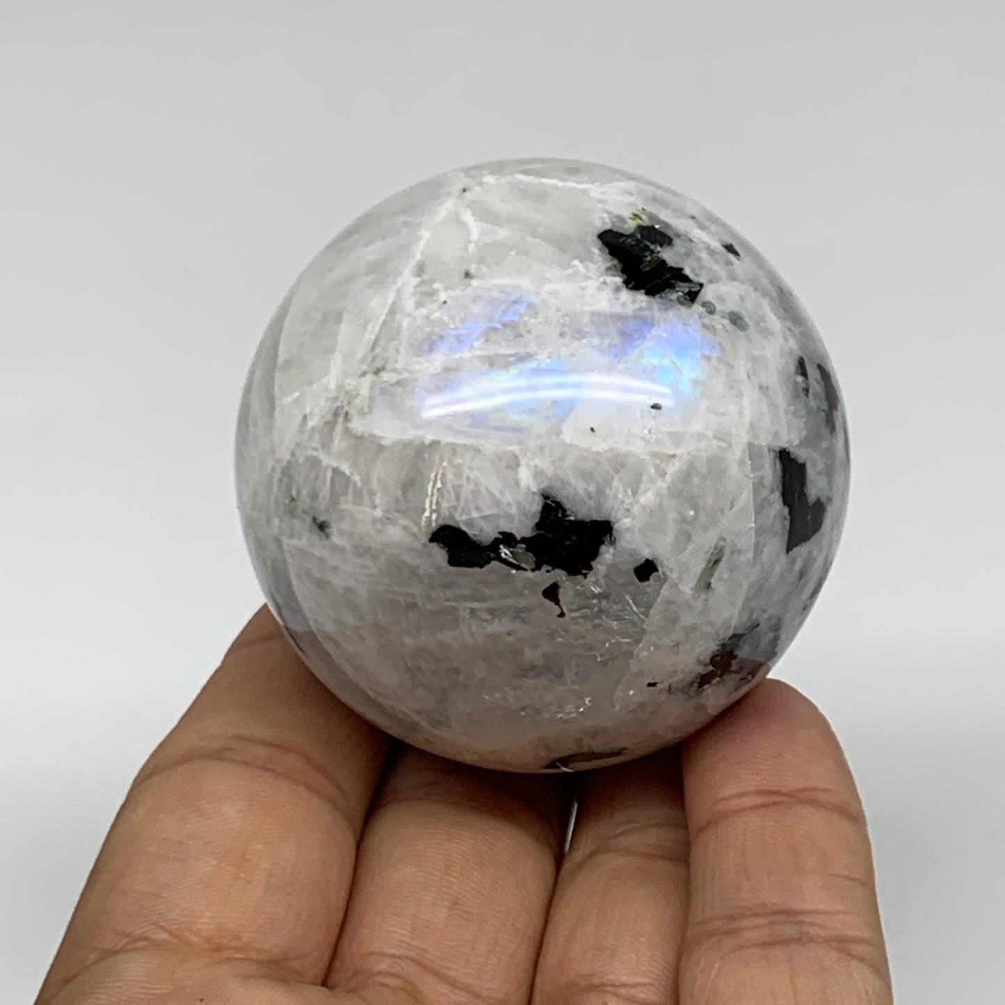 208g, 2.1"(53mm), Natural Rainbow Moonstone Sphere Ball Gemstone, B34953