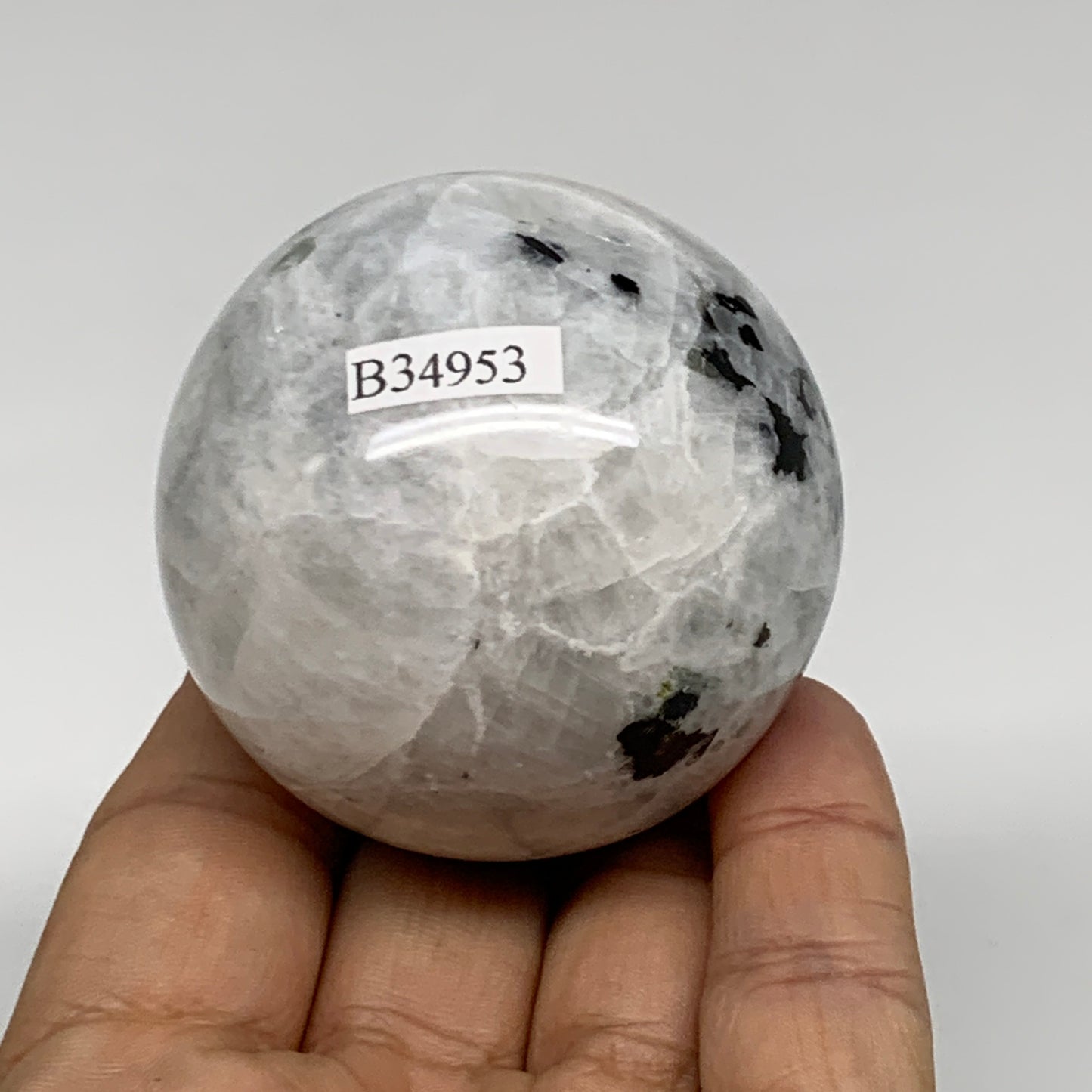 208g, 2.1"(53mm), Natural Rainbow Moonstone Sphere Ball Gemstone, B34953