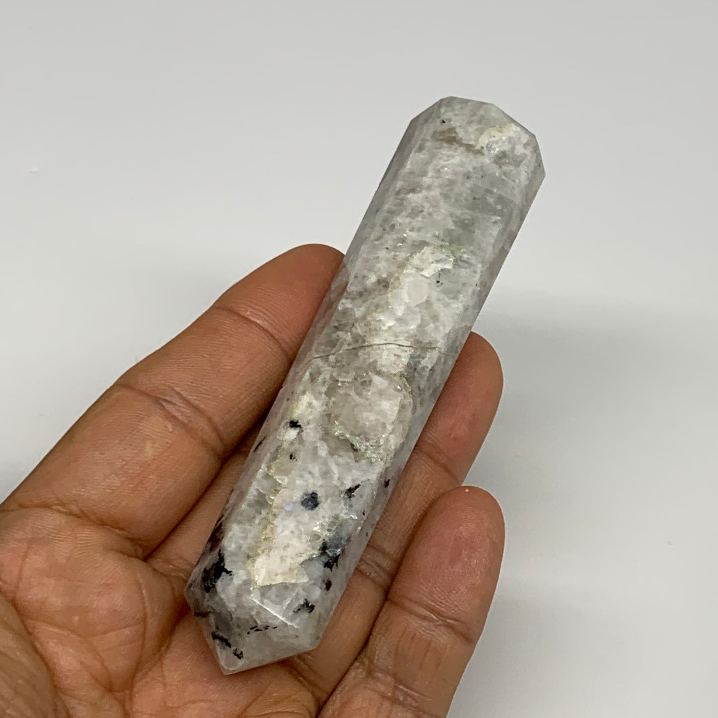 83.7g, 3.8"x0.9", Rainbow Moonstone Tower Obelisk Point Crystal @India, B29251
