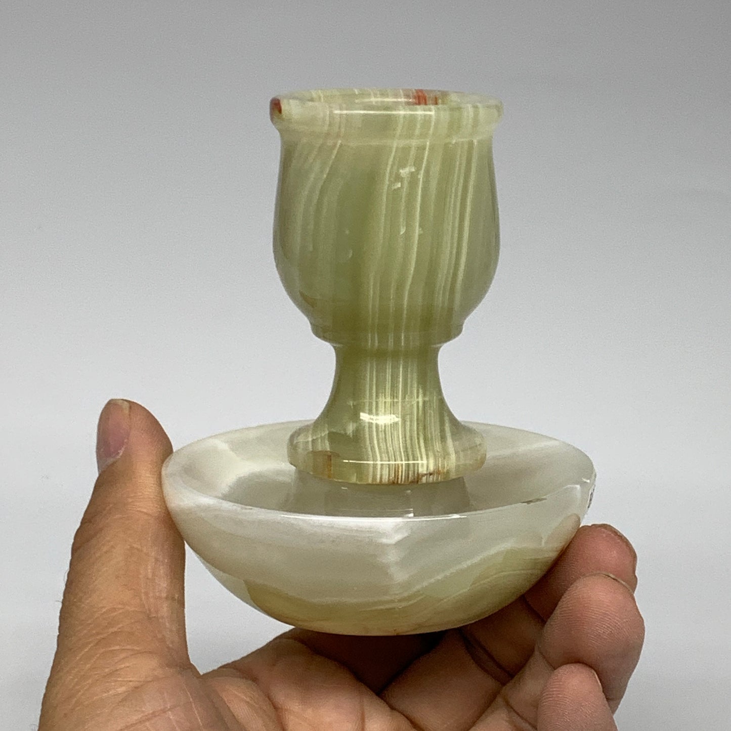 295g, 3.4"x1.5"x2.9", Natural Green Onyx Candle Holder Gemstone Hand Carved, B32
