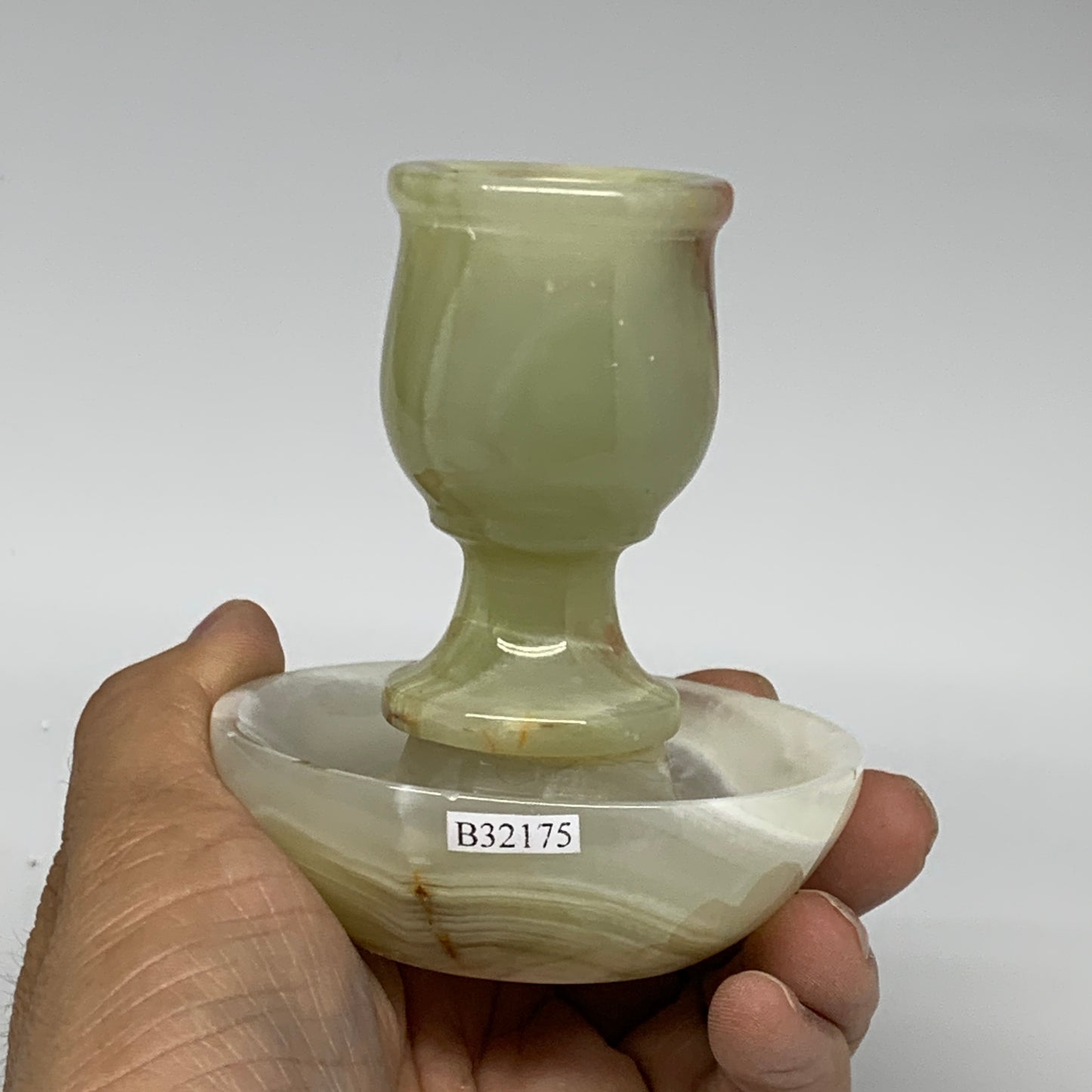 295g, 3.4"x1.5"x2.9", Natural Green Onyx Candle Holder Gemstone Hand Carved, B32