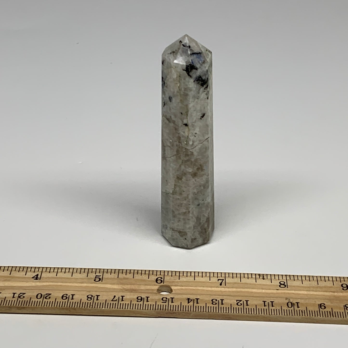83.7g, 3.8"x0.9", Rainbow Moonstone Tower Obelisk Point Crystal @India, B29251