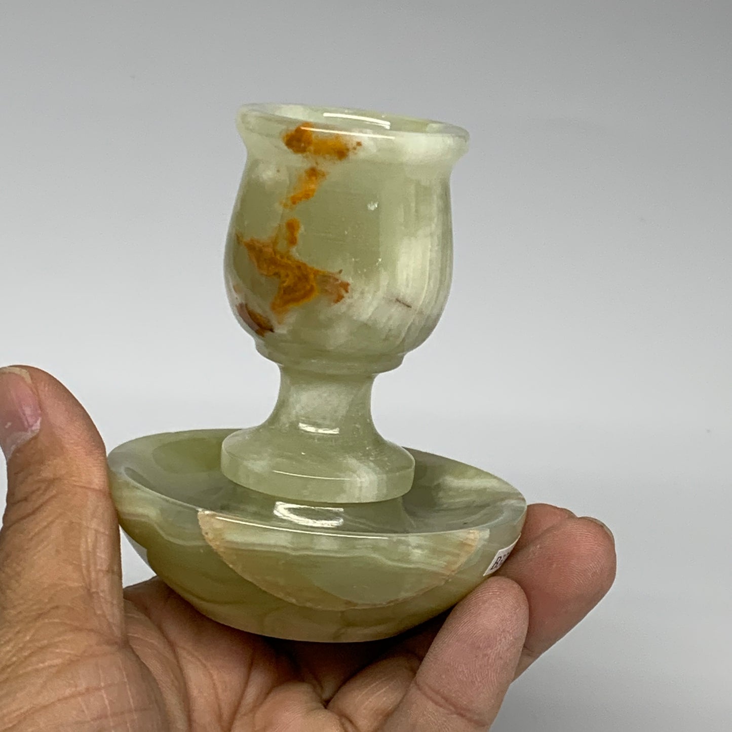 267g, 3.3"x1.4"x2.8", Natural Green Onyx Candle Holder Gemstone Hand Carved, B32