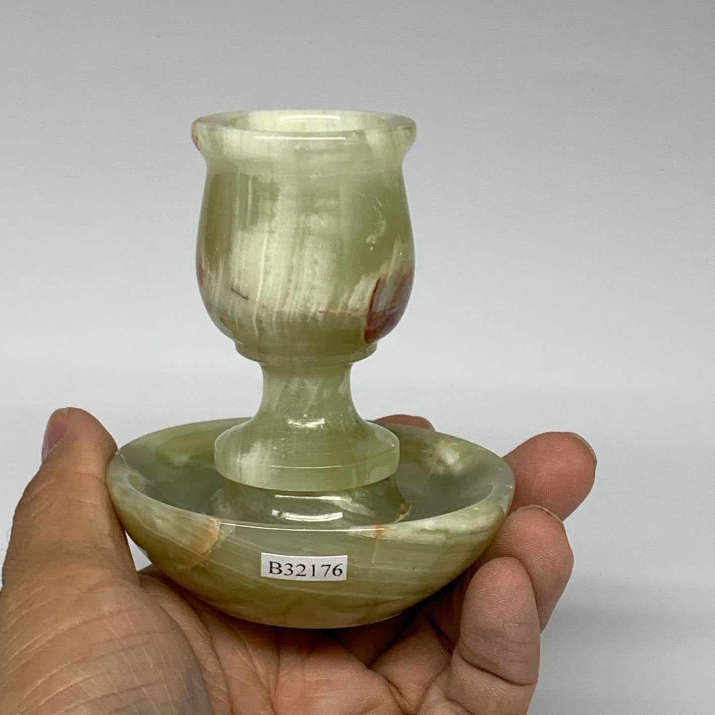 267g, 3.3"x1.4"x2.8", Natural Green Onyx Candle Holder Gemstone Hand Carved, B32
