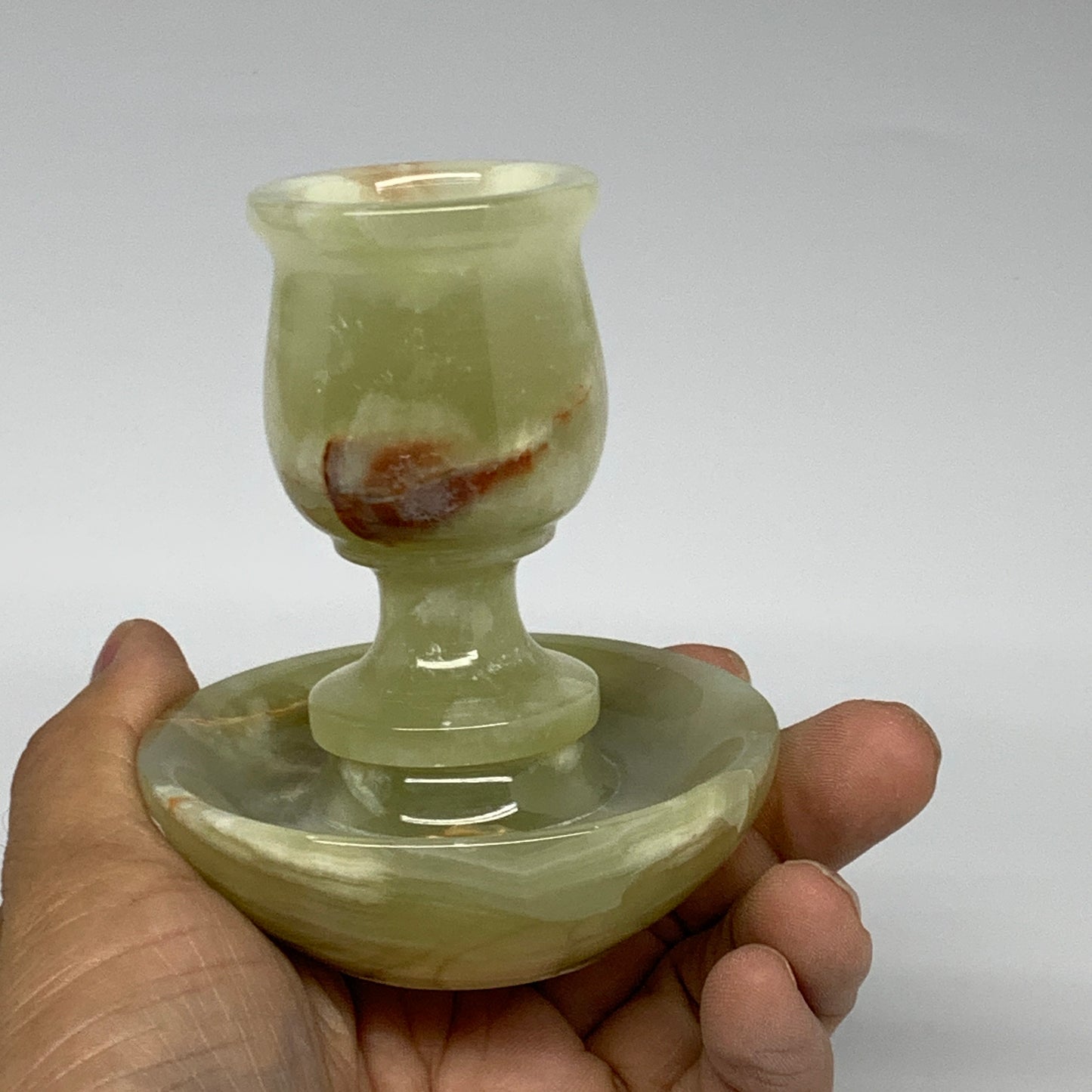 267g, 3.3"x1.4"x2.8", Natural Green Onyx Candle Holder Gemstone Hand Carved, B32