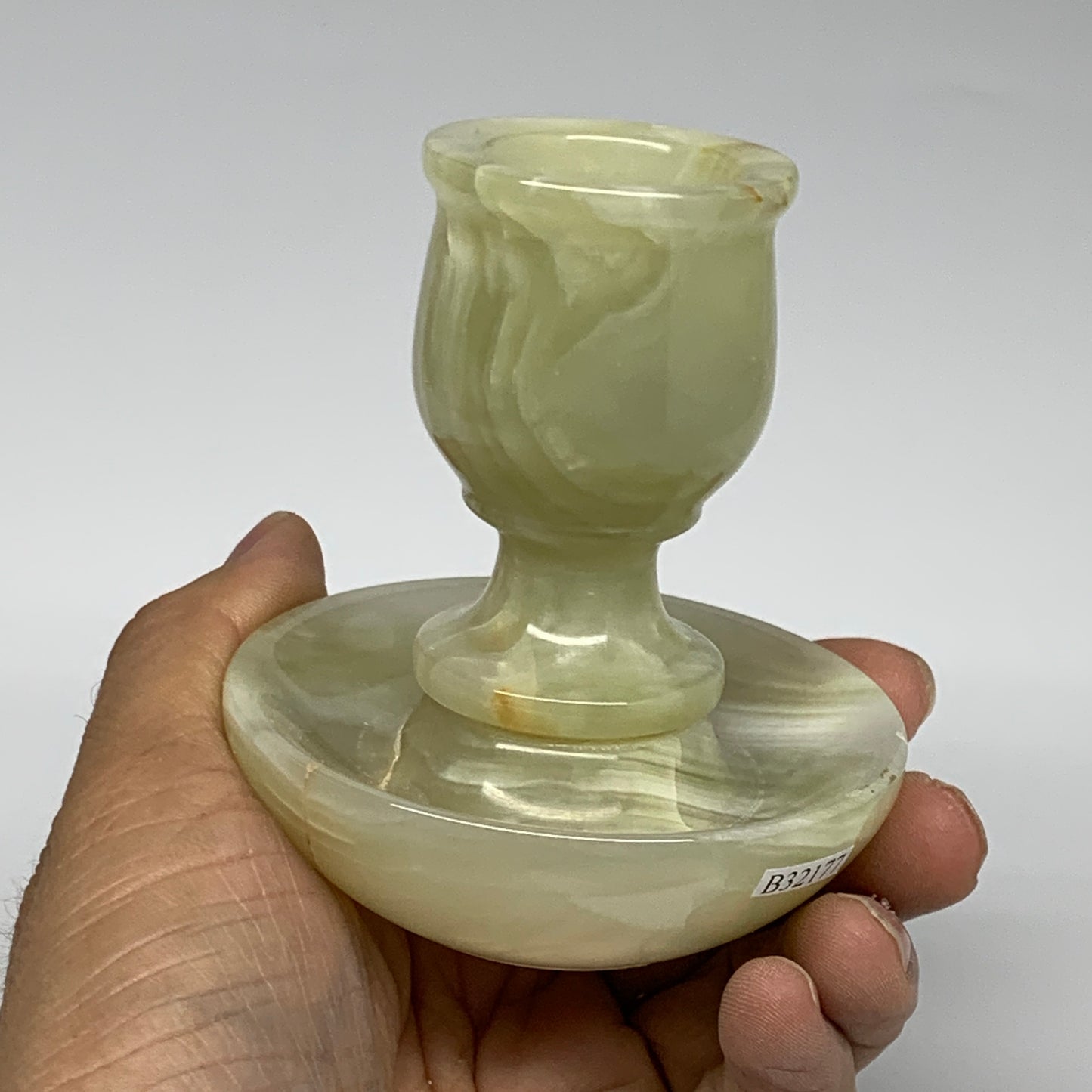 285g, 3.2"x1.5"x2.9", Natural Green Onyx Candle Holder Gemstone Hand Carved, B32
