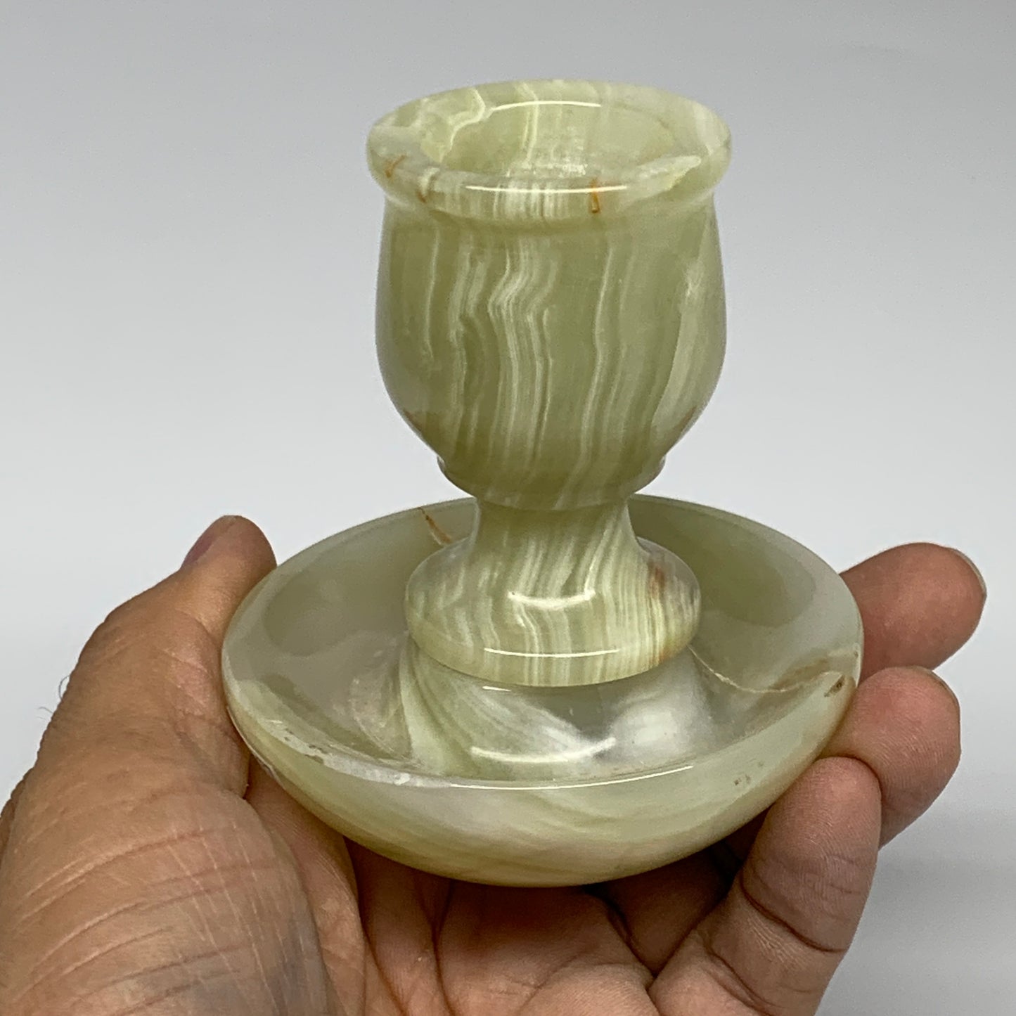 285g, 3.2"x1.5"x2.9", Natural Green Onyx Candle Holder Gemstone Hand Carved, B32