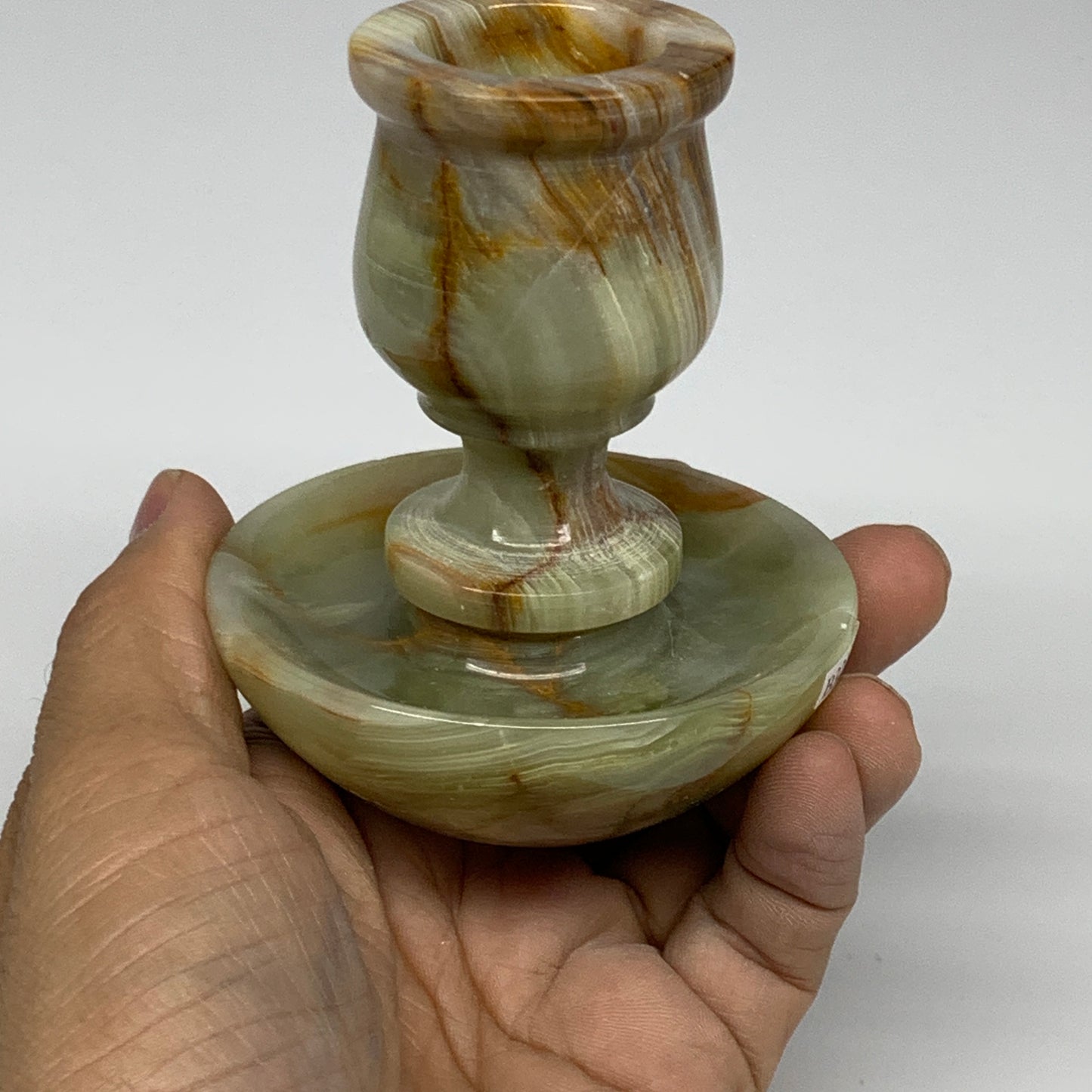 293g, 3.4"x1.5"x2.9", Natural Green Onyx Candle Holder Gemstone Hand Carved, B32