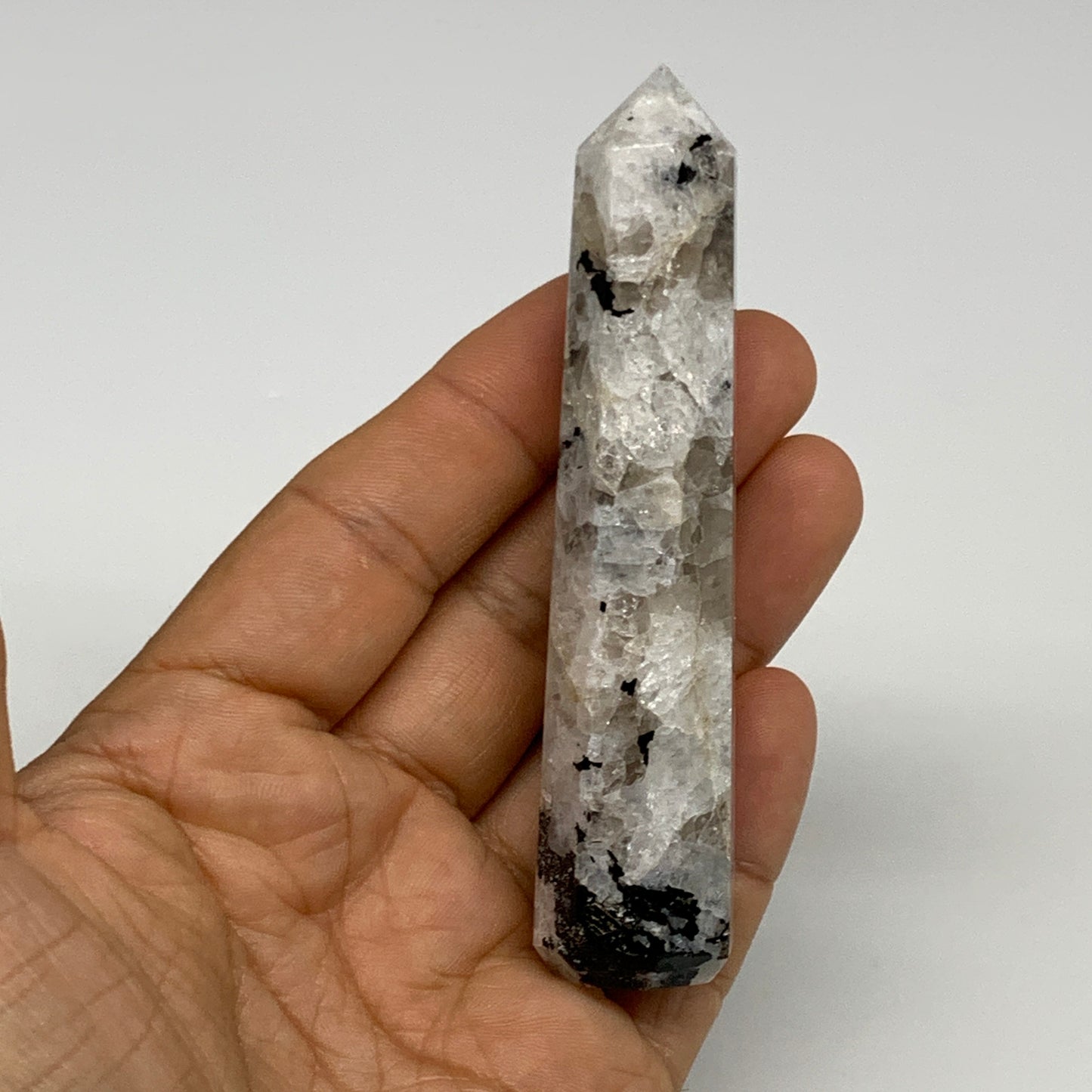 74.2g, 3.7"x0.8", Rainbow Moonstone Tower Obelisk Point Crystal @India, B29247