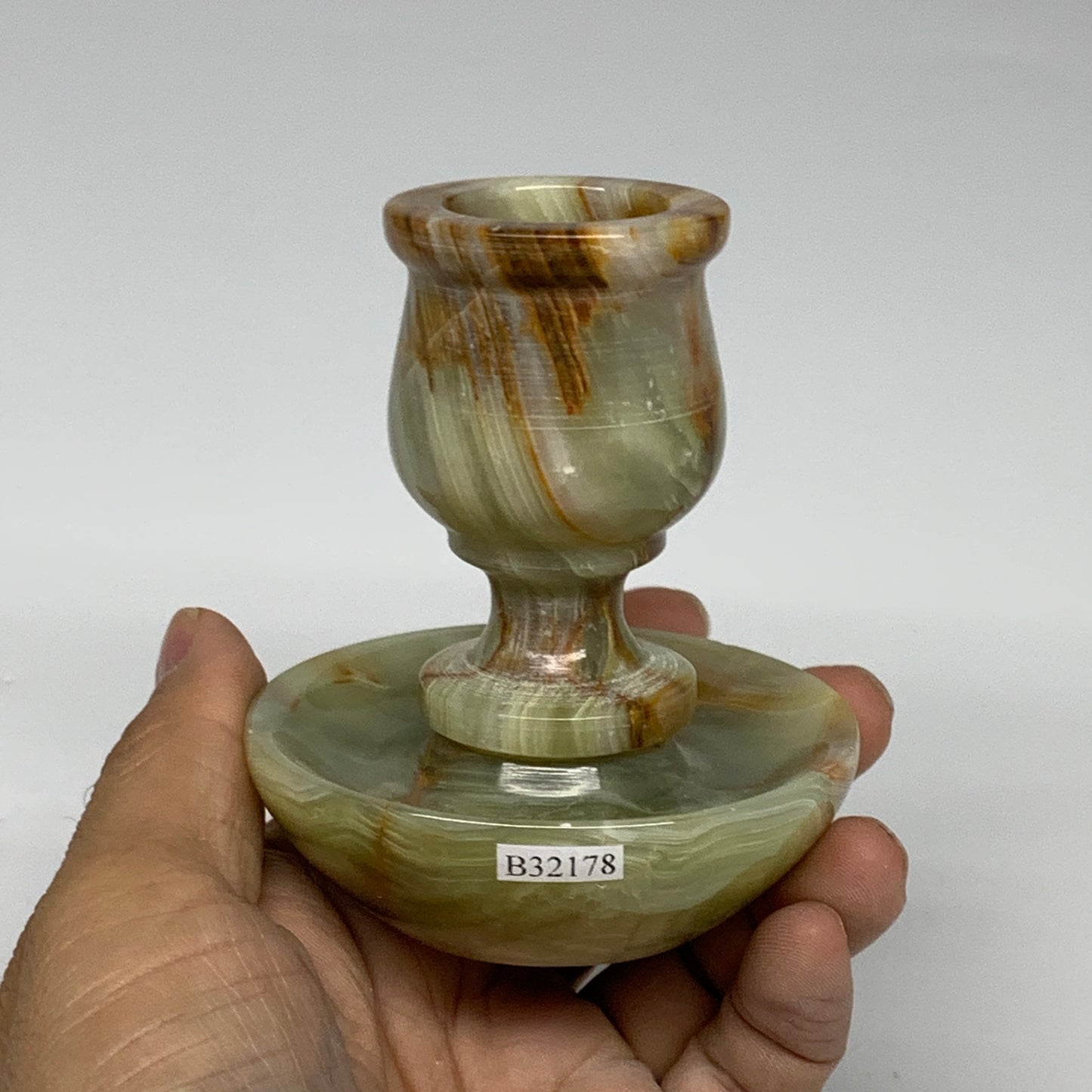 293g, 3.4"x1.5"x2.9", Natural Green Onyx Candle Holder Gemstone Hand Carved, B32