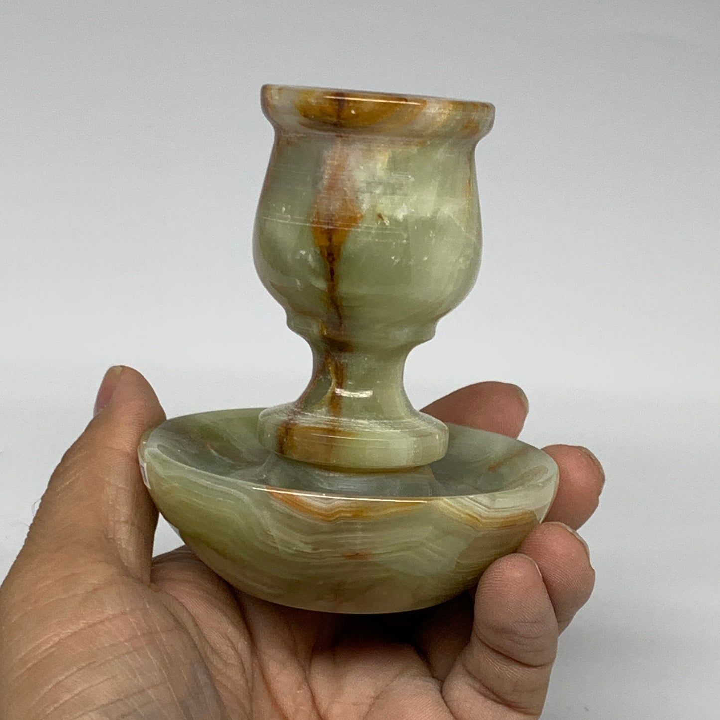 293g, 3.4"x1.5"x2.9", Natural Green Onyx Candle Holder Gemstone Hand Carved, B32