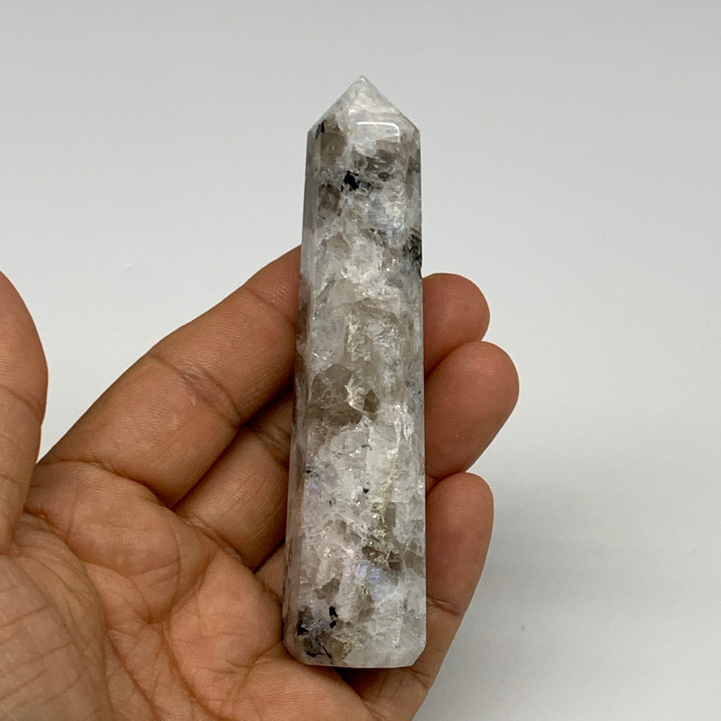 74.2g, 3.7"x0.8", Rainbow Moonstone Tower Obelisk Point Crystal @India, B29247