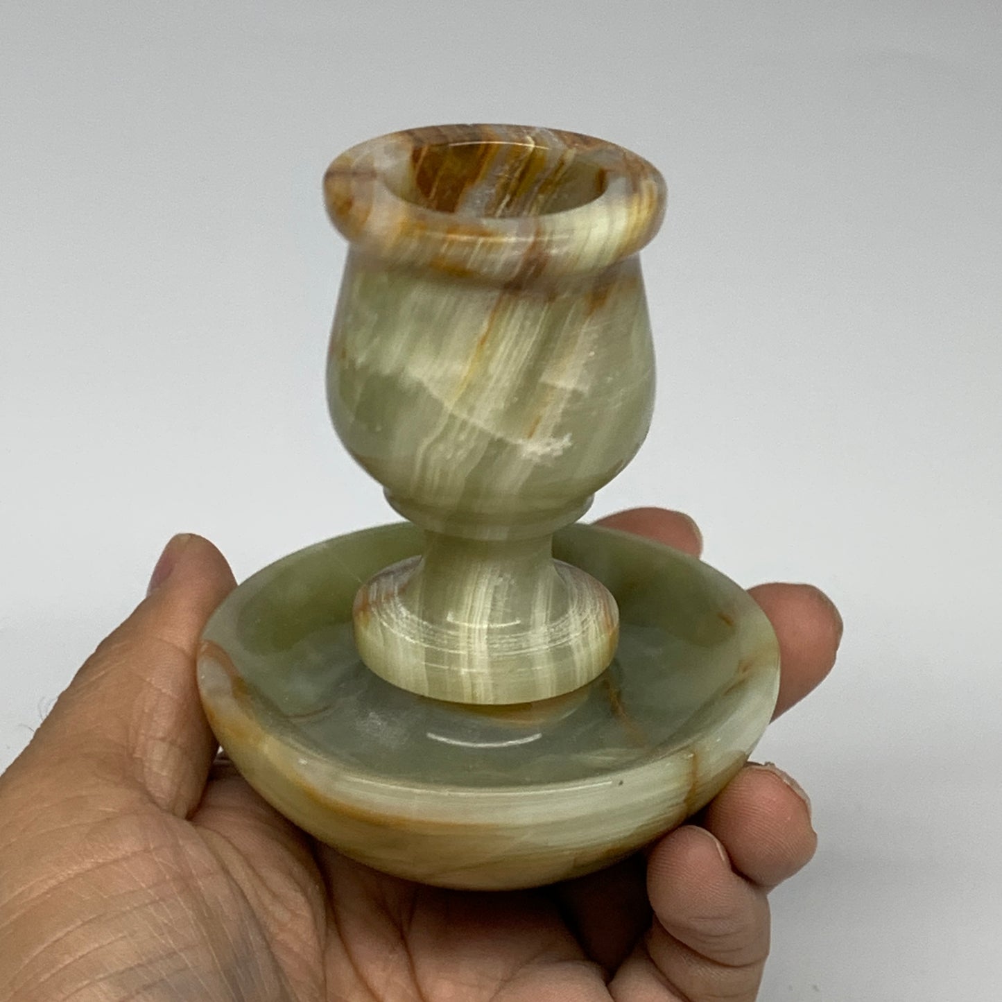 293g, 3.4"x1.5"x2.9", Natural Green Onyx Candle Holder Gemstone Hand Carved, B32
