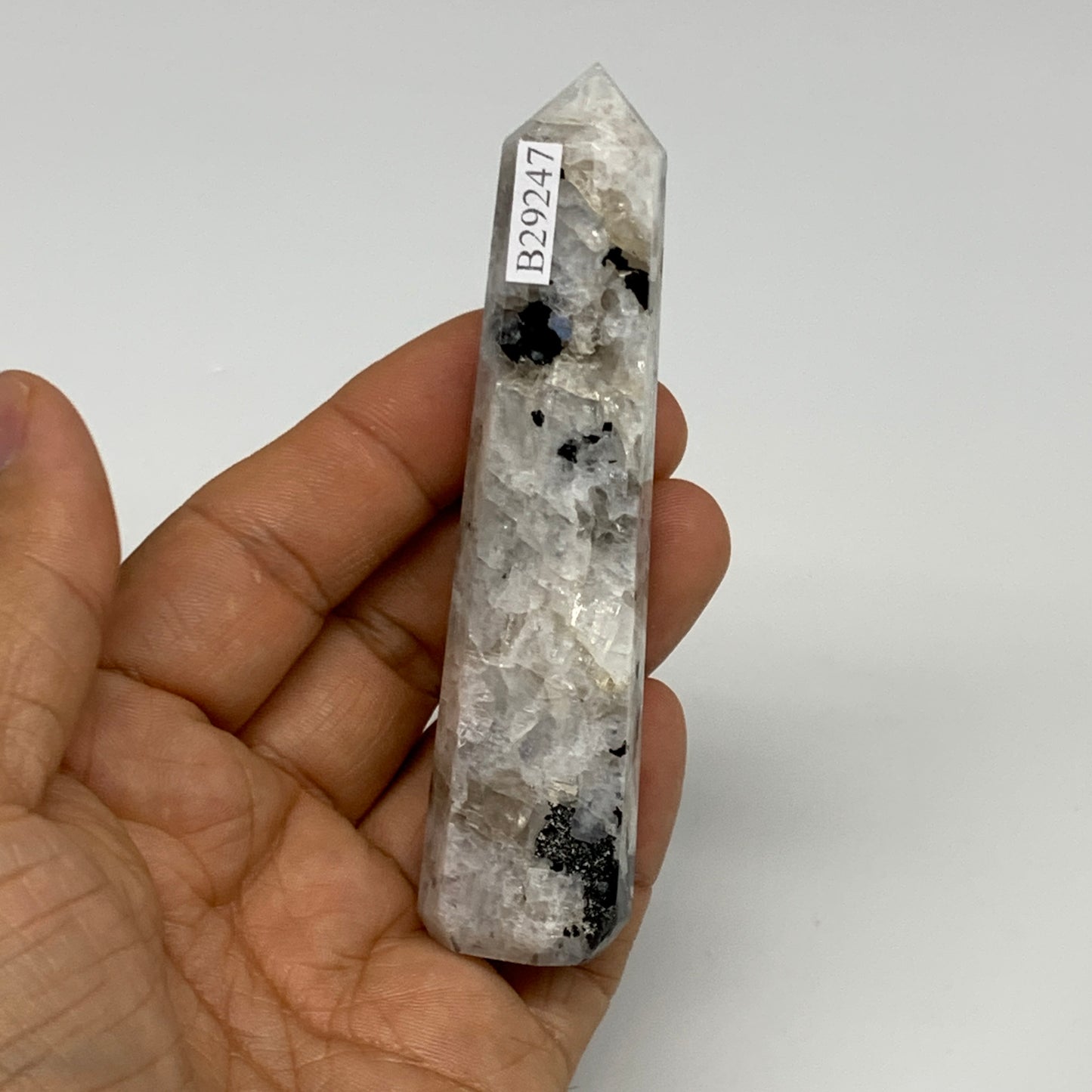 74.2g, 3.7"x0.8", Rainbow Moonstone Tower Obelisk Point Crystal @India, B29247