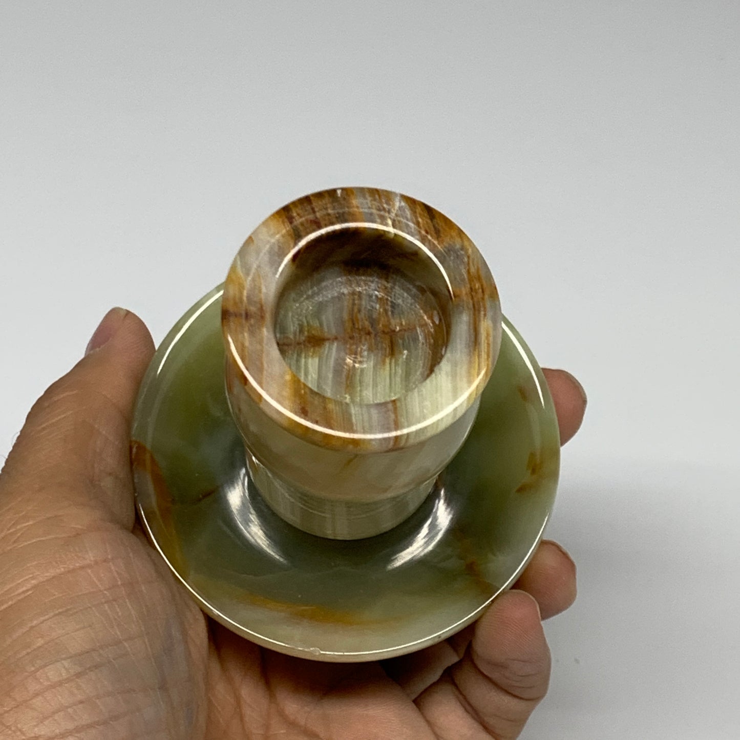 293g, 3.4"x1.5"x2.9", Natural Green Onyx Candle Holder Gemstone Hand Carved, B32