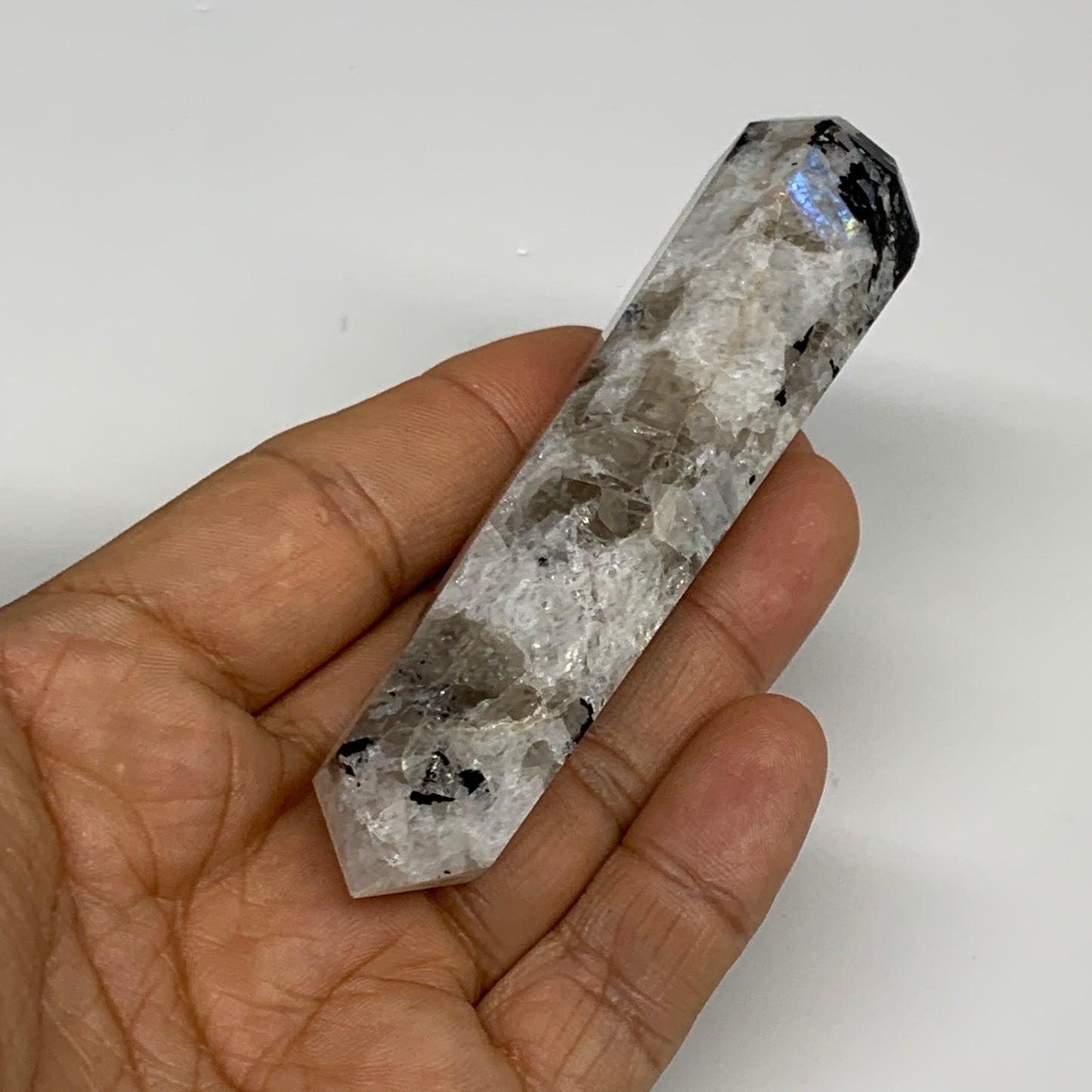 74.2g, 3.7"x0.8", Rainbow Moonstone Tower Obelisk Point Crystal @India, B29247