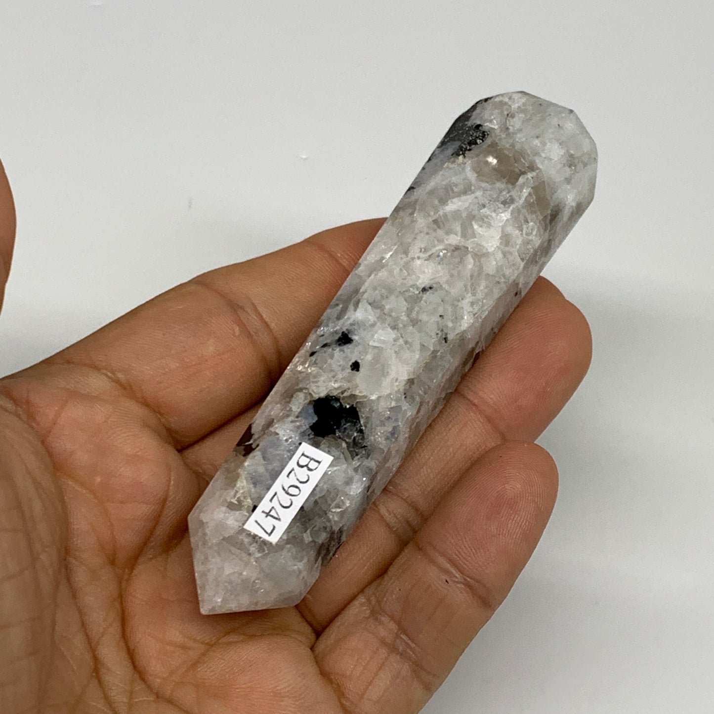 74.2g, 3.7"x0.8", Rainbow Moonstone Tower Obelisk Point Crystal @India, B29247