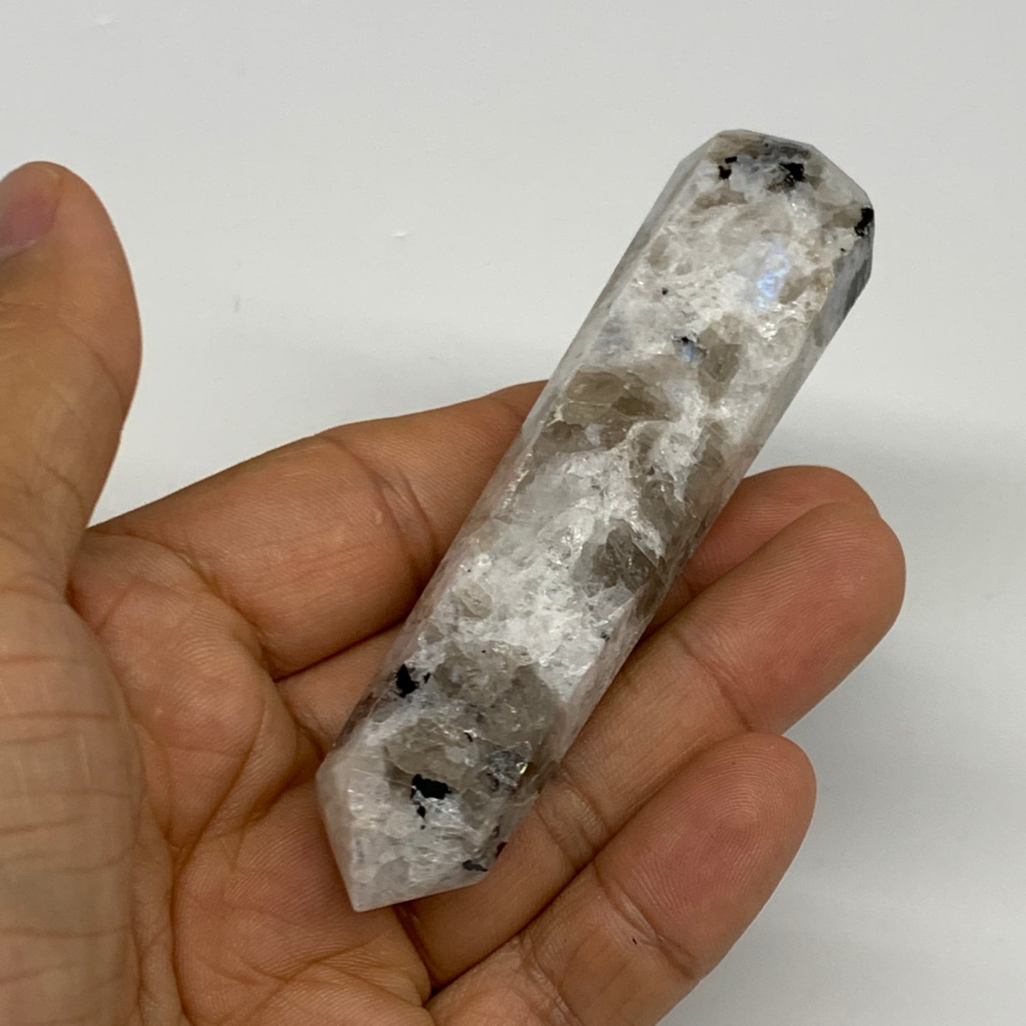 74.2g, 3.7"x0.8", Rainbow Moonstone Tower Obelisk Point Crystal @India, B29247