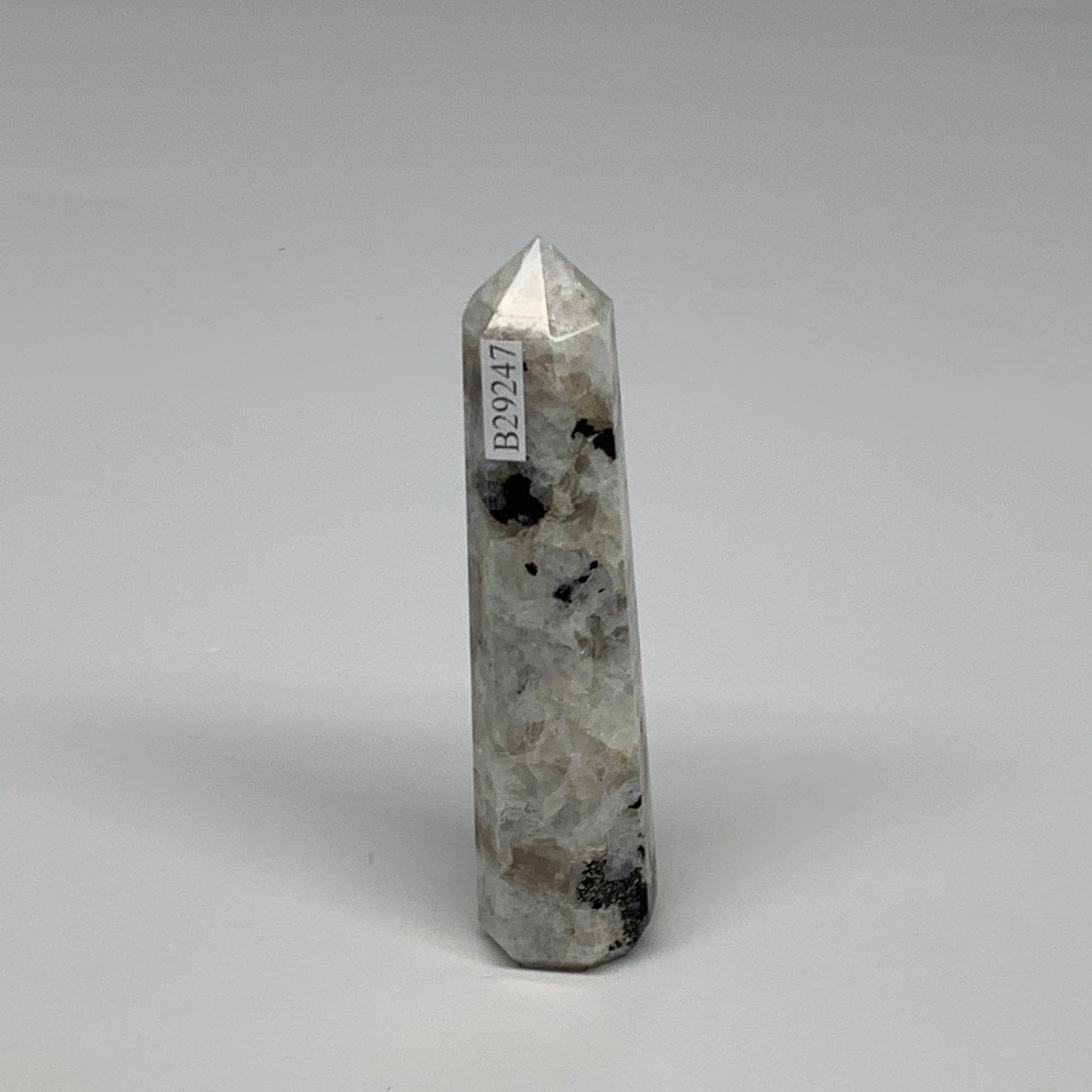 74.2g, 3.7"x0.8", Rainbow Moonstone Tower Obelisk Point Crystal @India, B29247